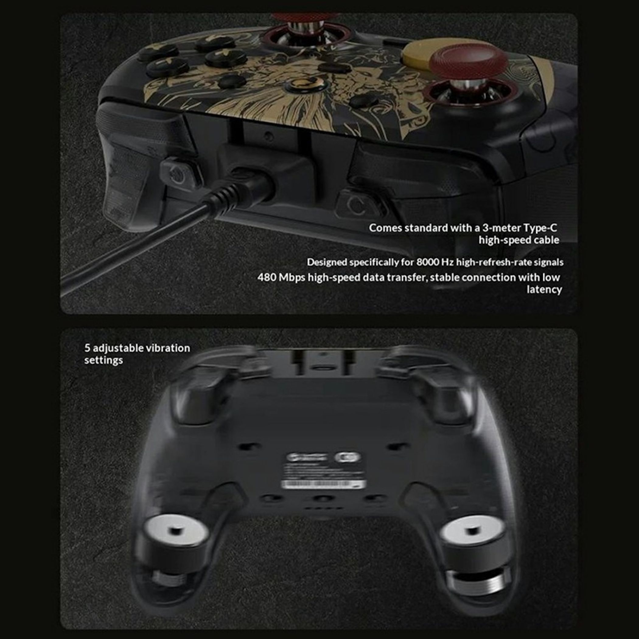 Schwarzer Gaming-Controller mit goldener Grafik, Kabelanschluss und verstellbarer Vibration.