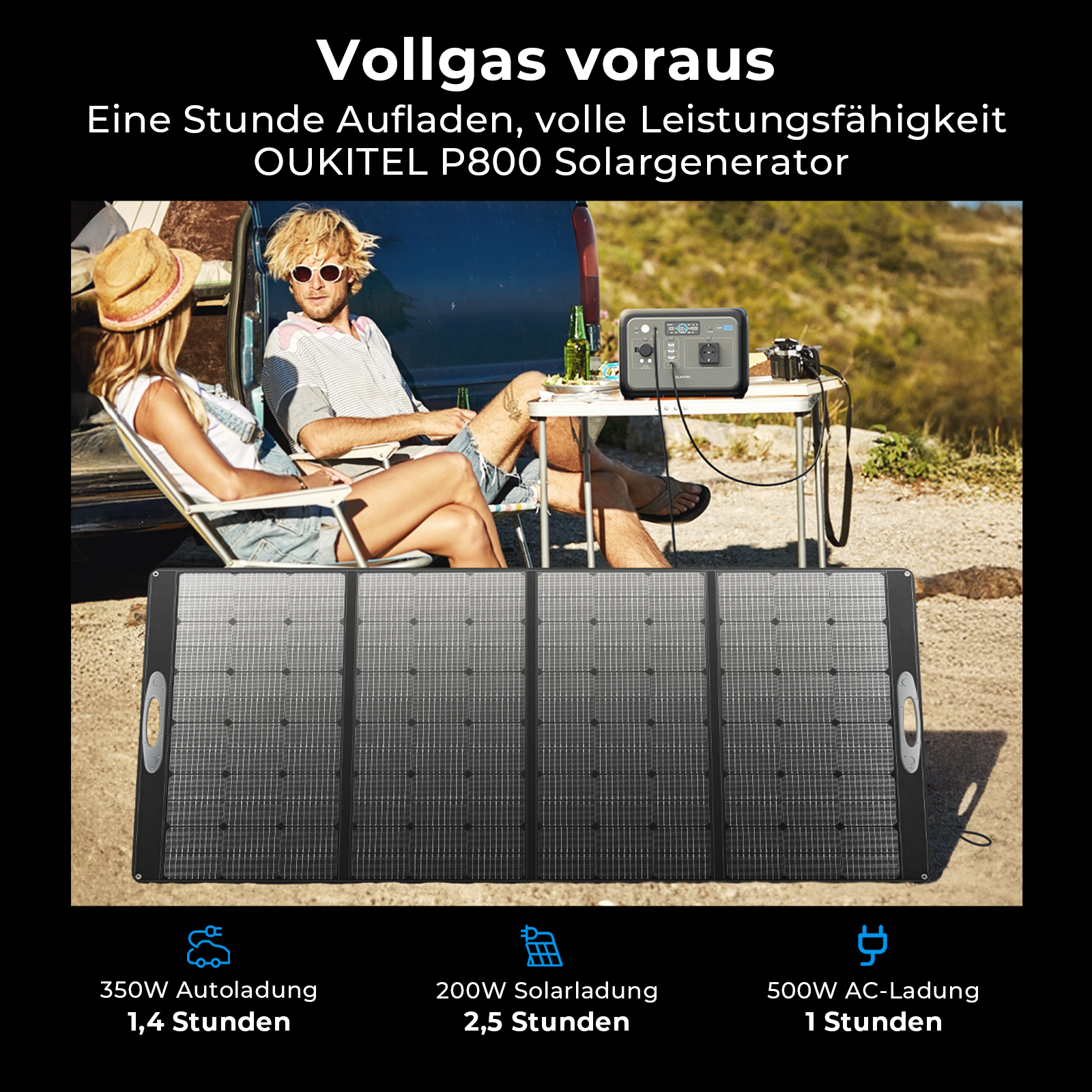 Ein faltbares Solarmodul im Vordergrund und ein Paar beim Camping im Hintergrund mit einem OUKITEL P800 Generator.