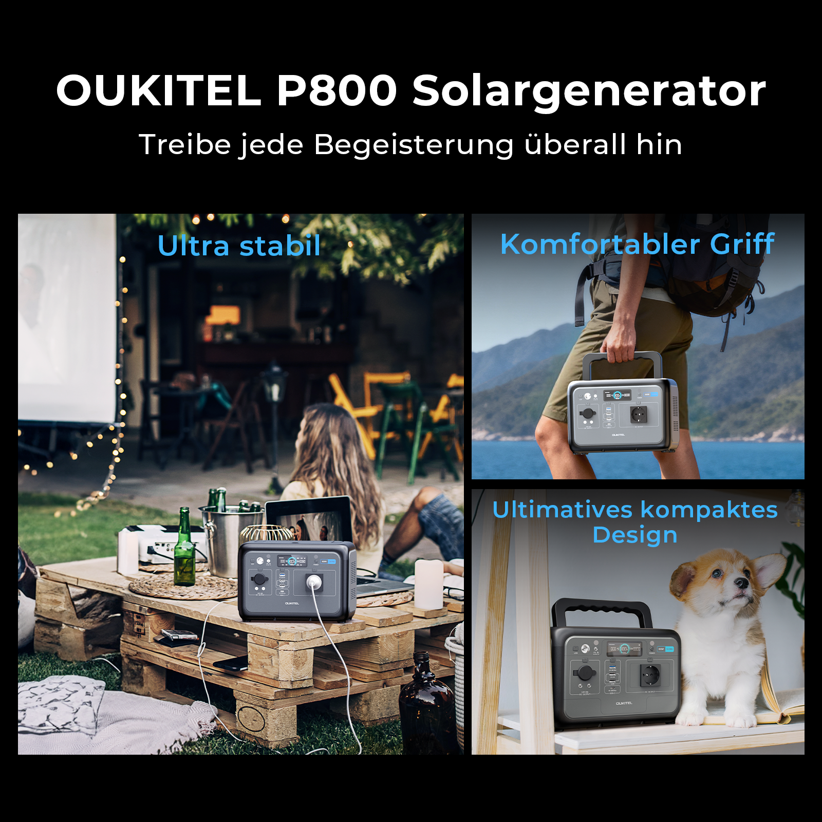Oukitel P800 Solargenerator mit stabiler, kompakter Bauweise und praktischem Tragegriff in verschiedenen Szenen.