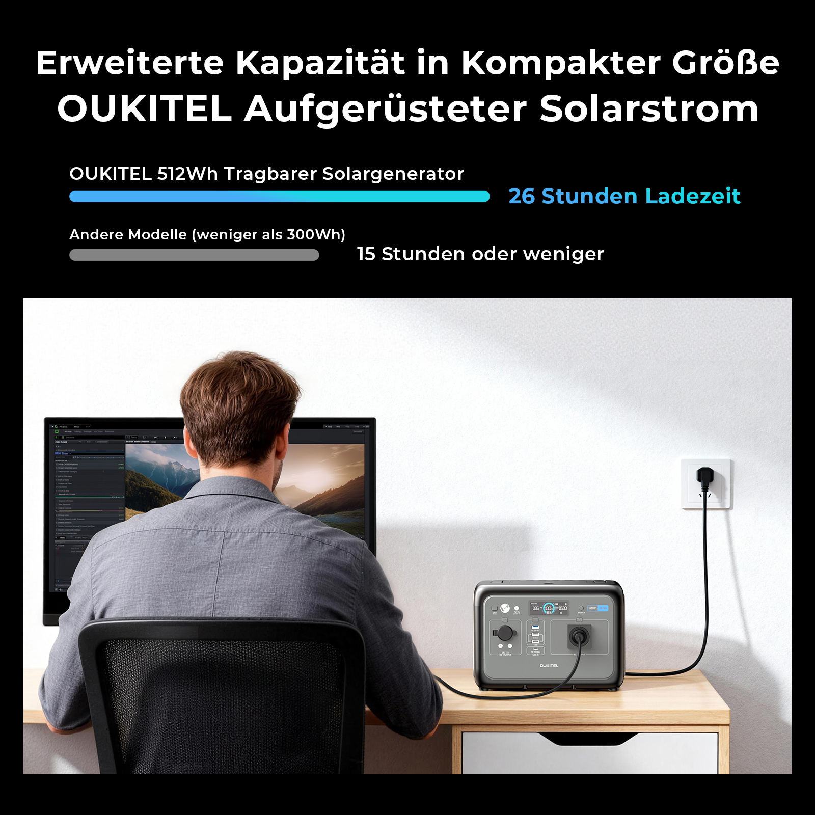 Ein Mann sitzt vor einem Computer und arbeitet, daneben steht ein tragbarer Oukitel-Solarstromgenerator am Tisch.