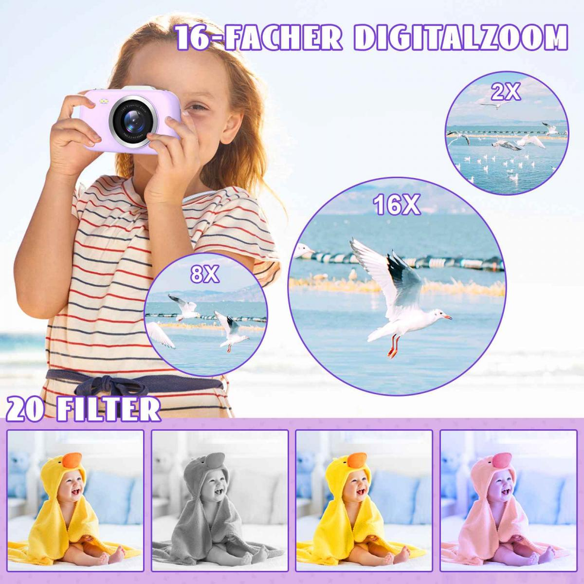 Ein Kind fotografiert mit einer kleinen violetten Kamera, mit Zoom-Vergleichsbildern und verschiedenen Filteroptionen.