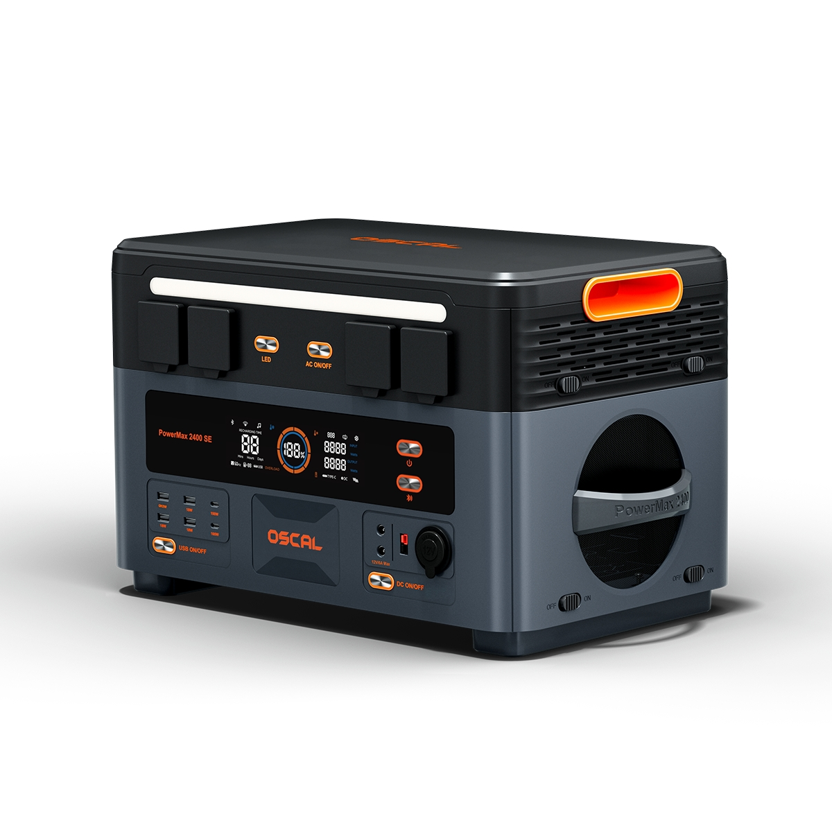 Eine graue und schwarze PowerMax 2400 SE Powerstation mit digitalem Display, verschiedenen Steckdosen und LED-Leiste.