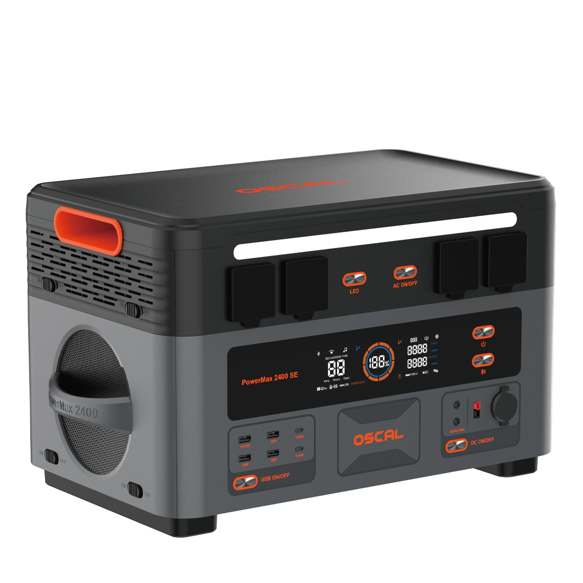 Eine schwarz-graue Oscal PowerMax 2400 SE Powerstation mit Digitalanzeige, AC/DC-Anschlüssen und USB-Ports.