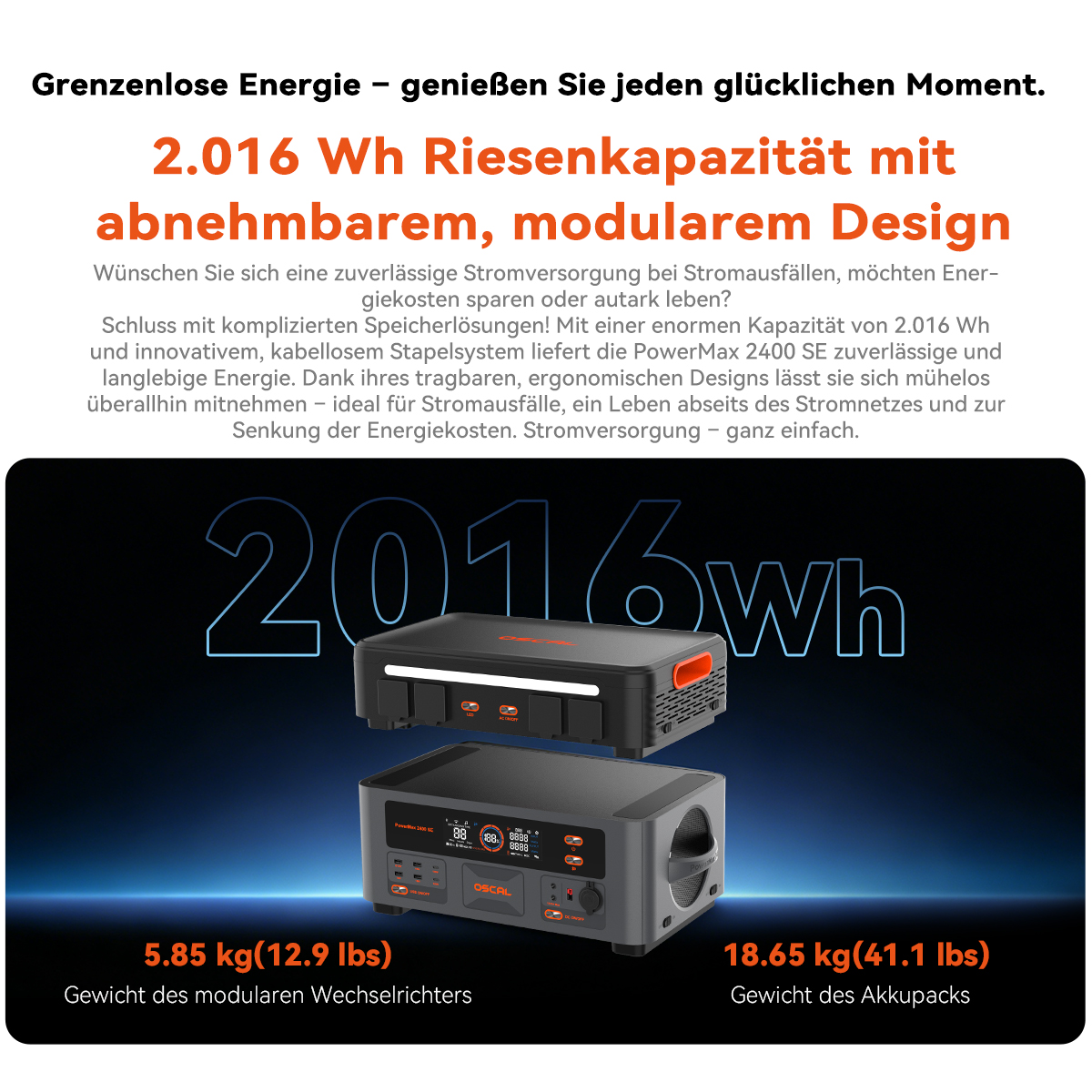 Werbung für ein 2016Wh modular Kraftwerk mit Gewichten von 5,85 kg und 18,65 kg.