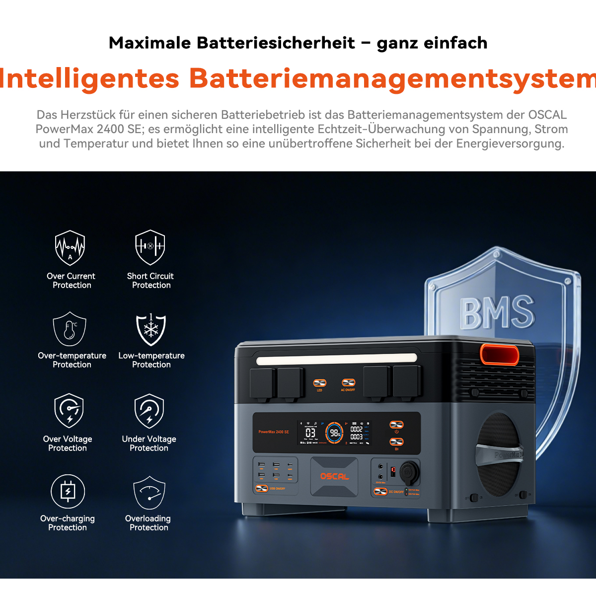 Eine OSCAL PowerMax 2400 SE Powerstation mit deutschem Text und Symbolen für acht Batterieschutzfunktionen.
