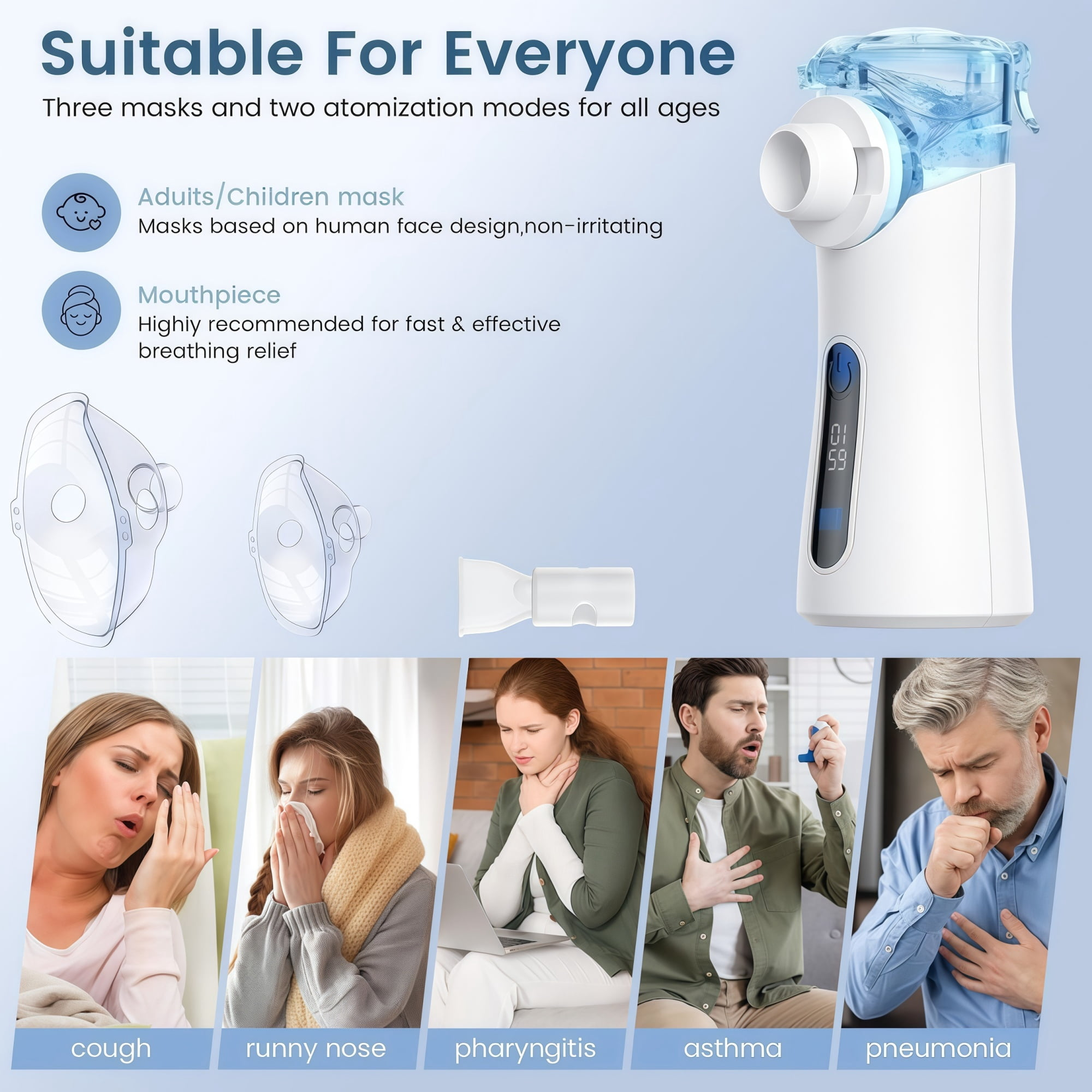 Ein weißer Inhalator mit Masken und Mundstück für Atemwegserkrankungen wie Husten und Asthma.