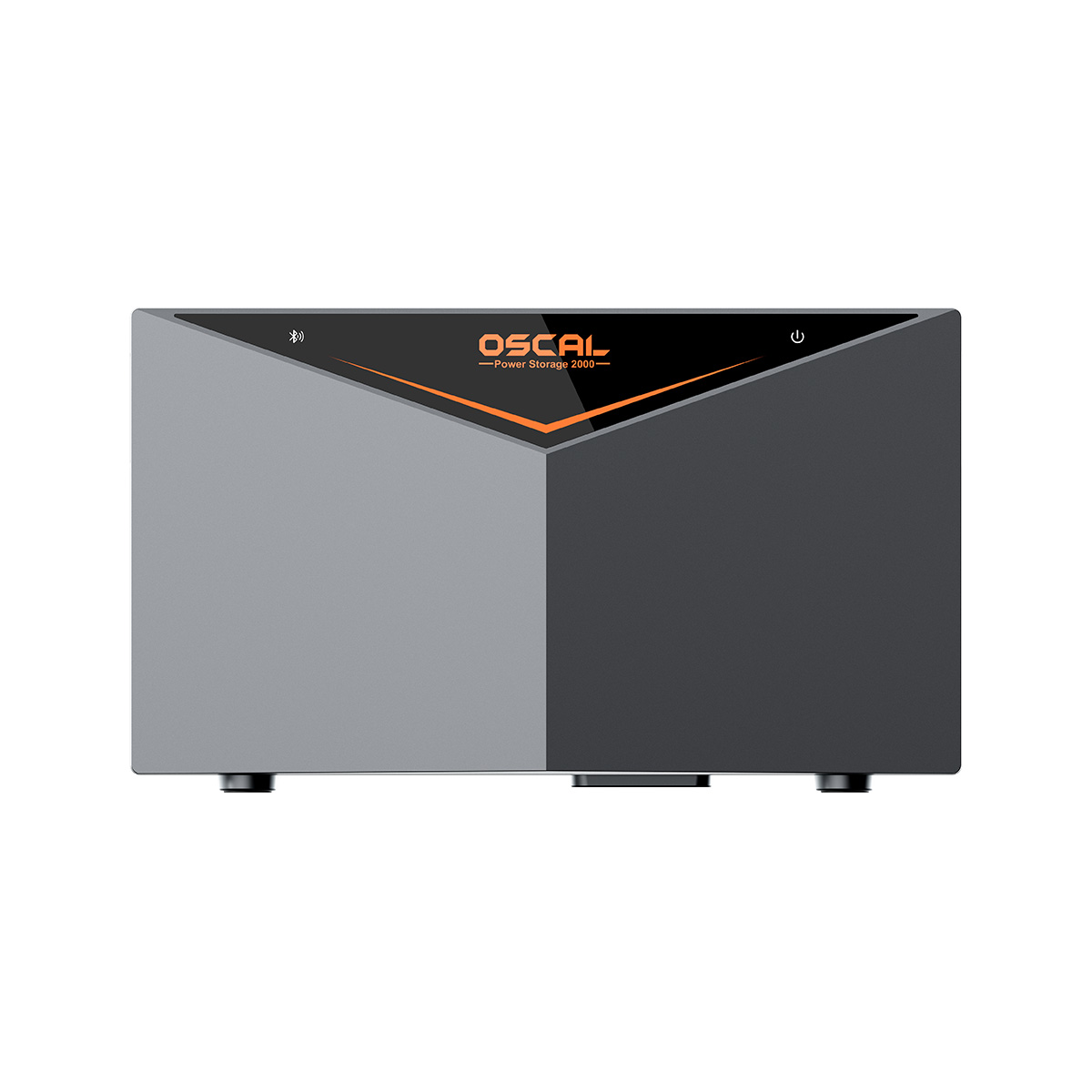 Graue und schwarze Oscal Power Storage 2000 Powerstation mit orangenen Akzenten und Display auf weißem Hintergrund.