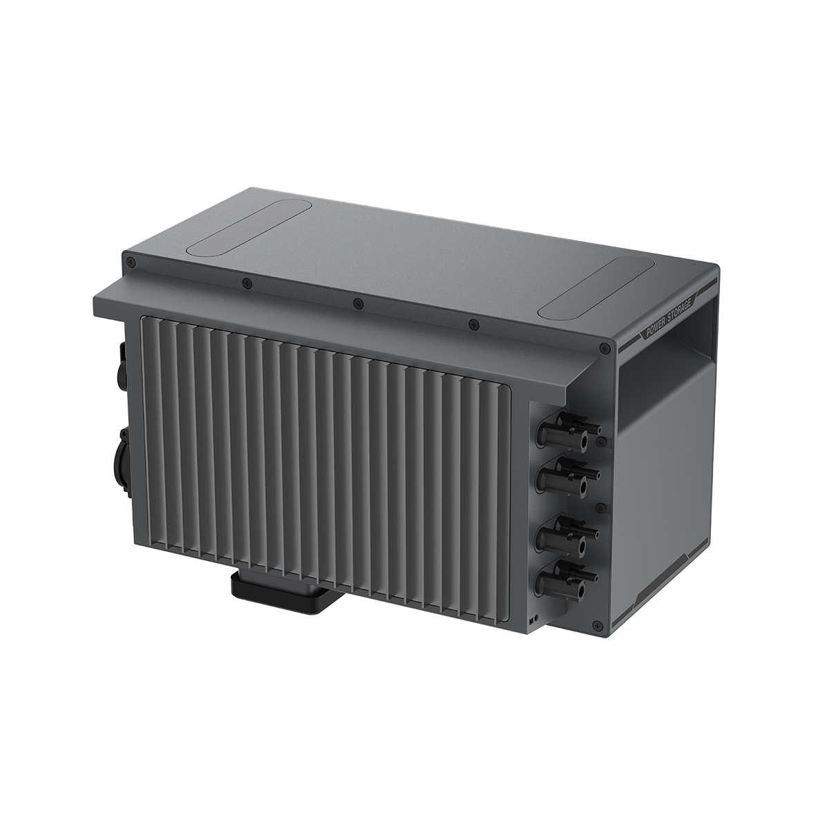Ein graues, quaderförmiges Power-Storage-Gerät mit vertikalen Kühlrippen und Anschlüssen an der Seite.