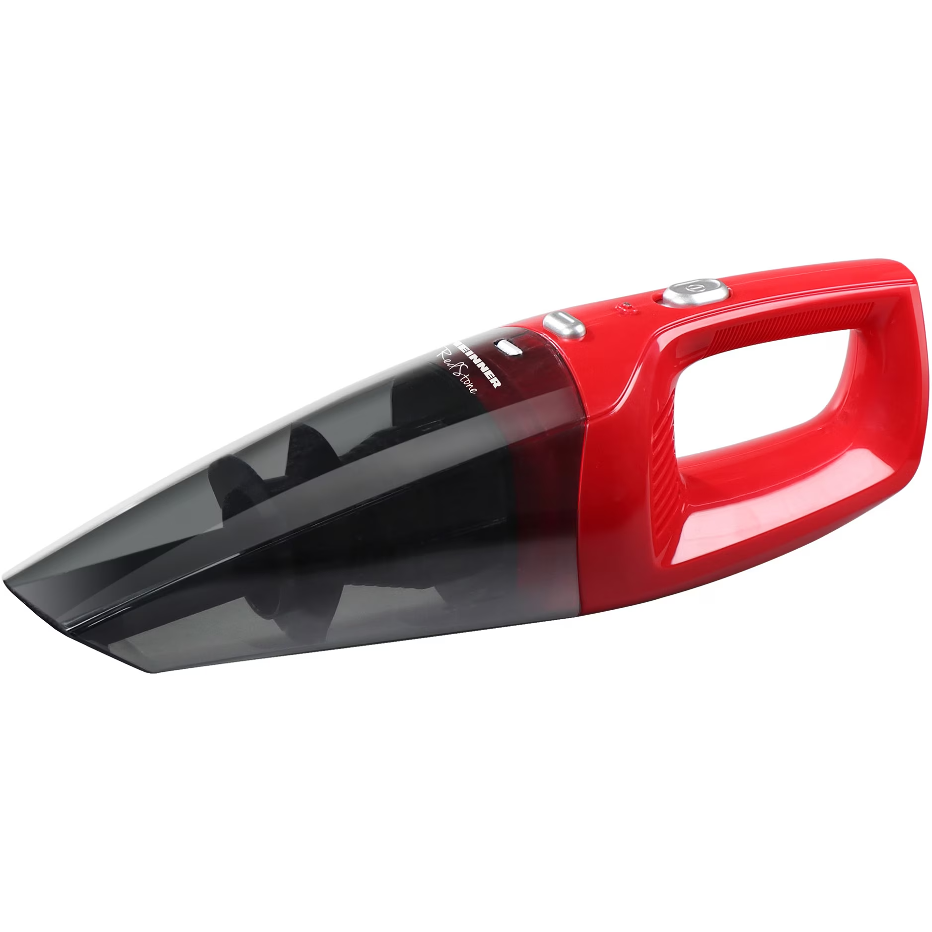 Un aspirateur à main sans fil rouge et noir sur fond blanc.