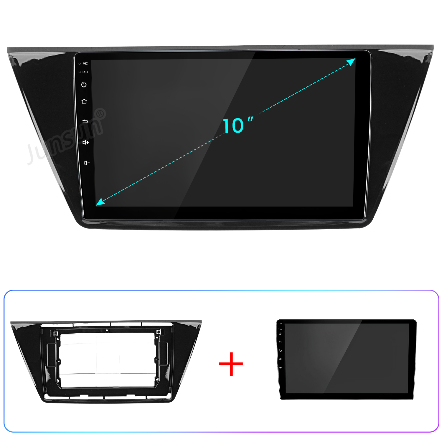 10-Zoll-Autoradio mit Touchscreen und Einbaurahmen.