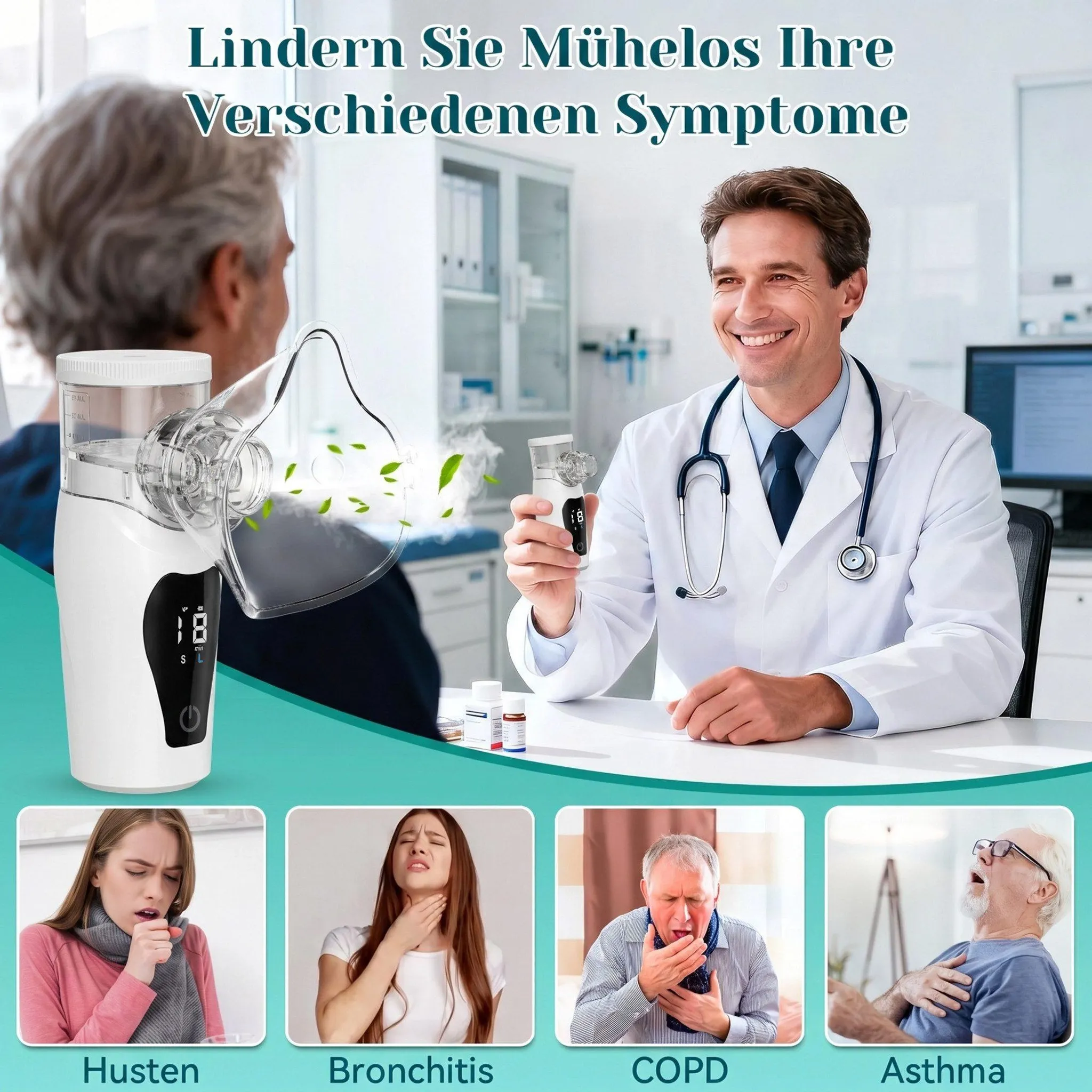 Ein lächelnder Arzt hält einen tragbaren Inhalator, unten sind Patient und Symptome gezeigt.