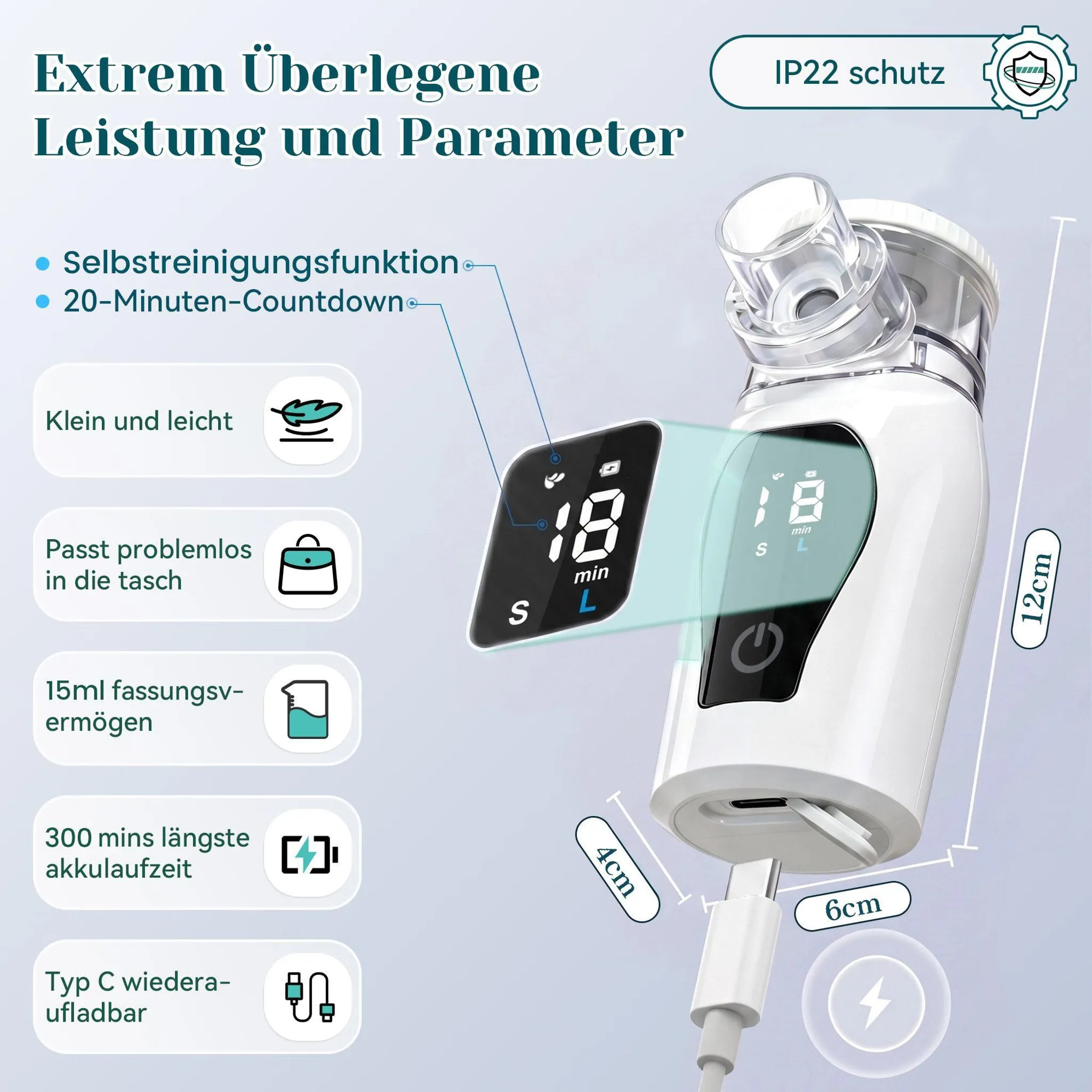 Weißes tragbares Inhalationsgerät mit digitalem Display, USB-C-Anschluss und Maßangaben.