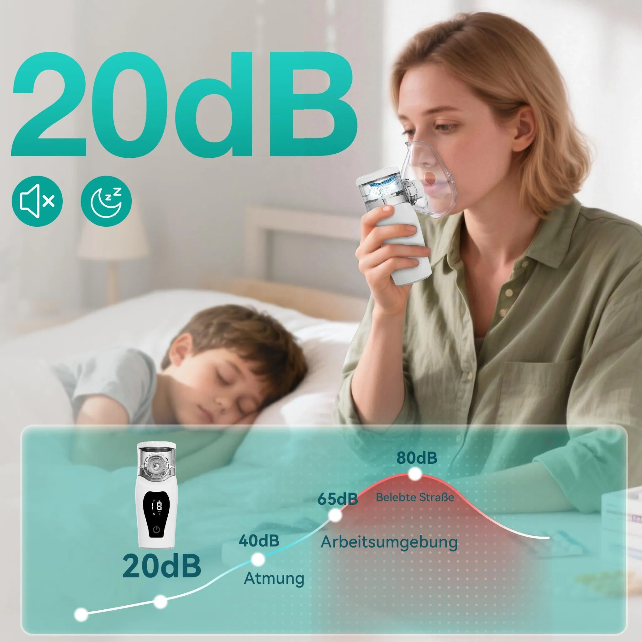 Eine Frau benutzt ein Inhalationsgerät mit 20dB, während ein Kind im Bett schläft.