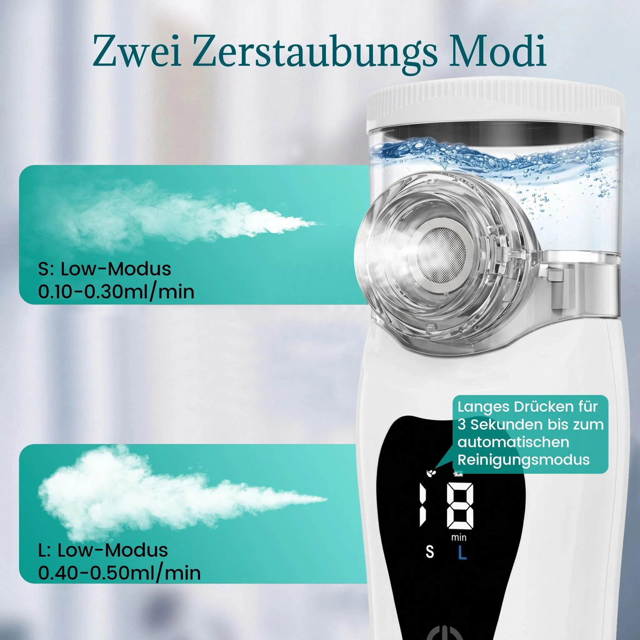 Ein weißer Inhalator mit zwei Sprühmodi und Wasserkammer, digitalem Display und Erklärungen auf Türkis.