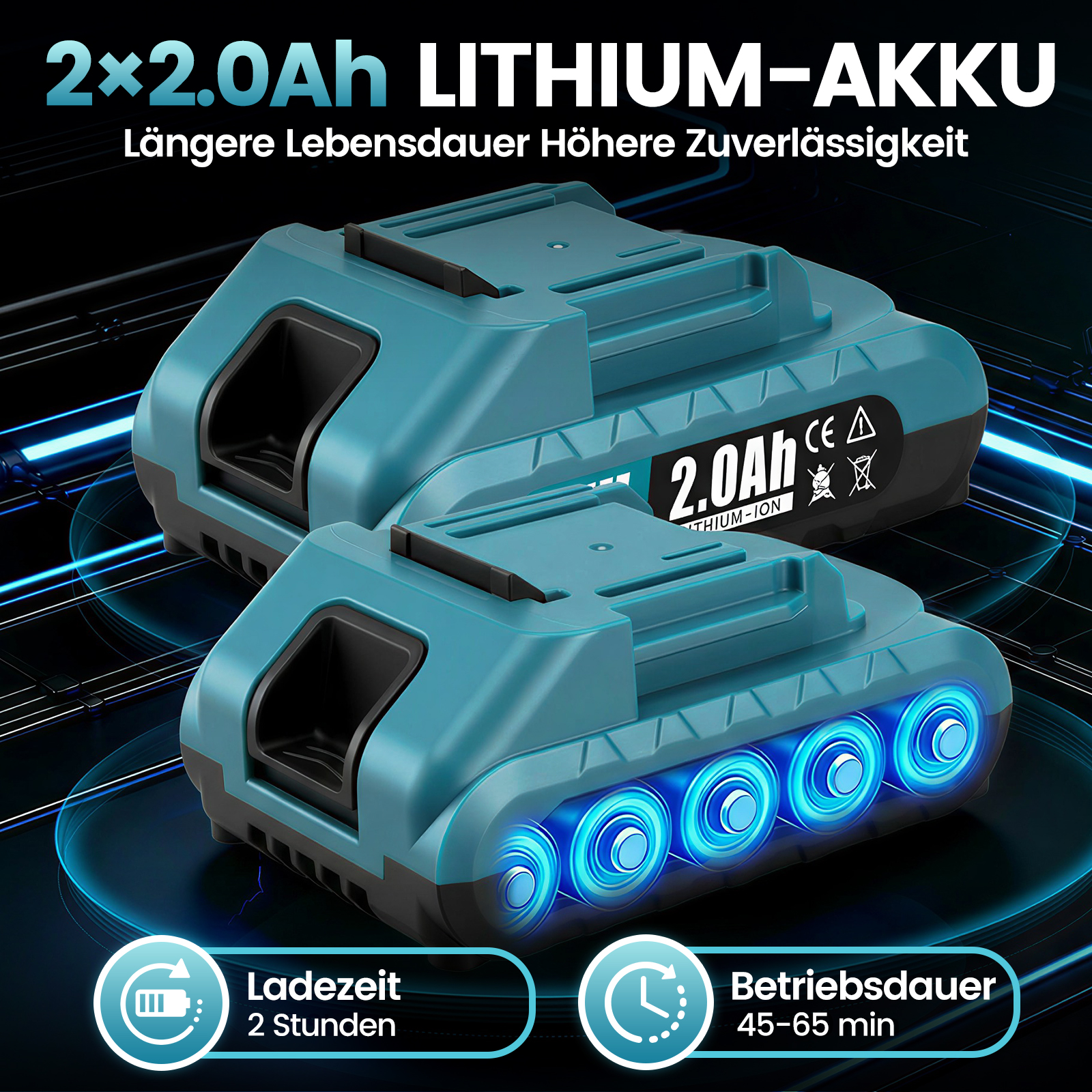 Zwei türkisfarbene Lithium-Akkus mit blauer Beleuchtung und Texten über Ladezeit und Betriebsdauer.