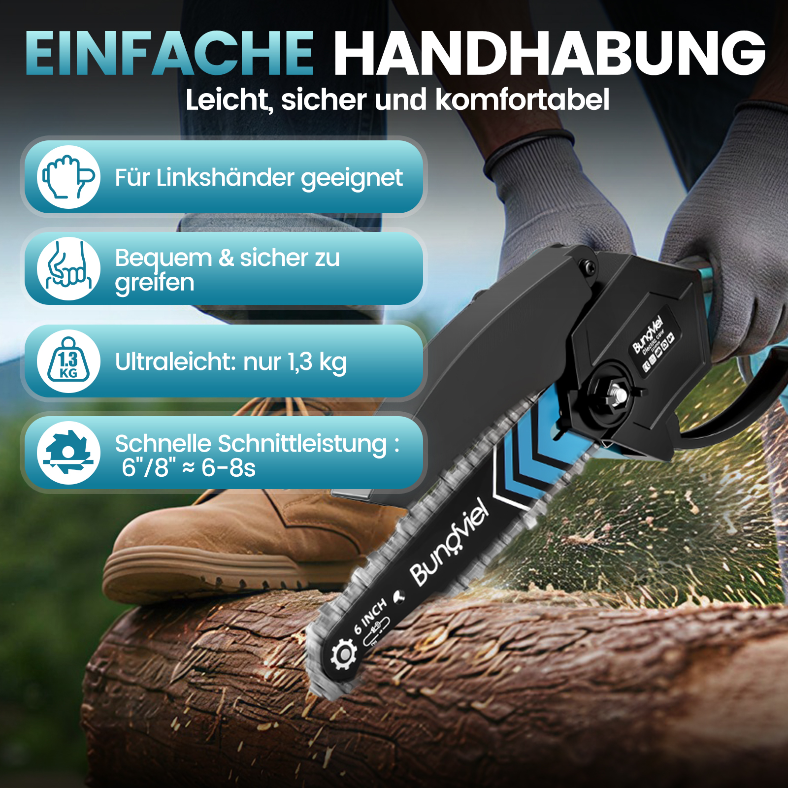 Eine Person benutzt eine kompakte blau-schwarze Kettensäge, um einen Holzstamm zu schneiden, mit Textüberlagerungen.