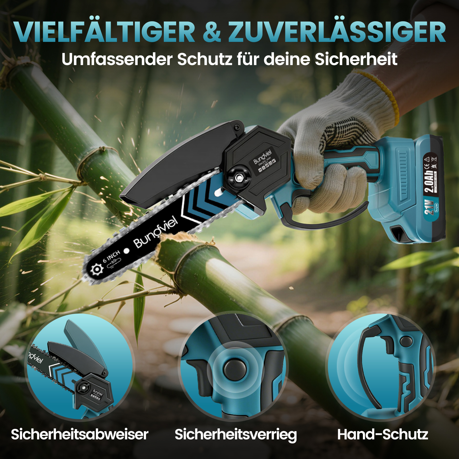 Eine Hand mit Handschuh hält eine blaue Akku-Kettensäge, die ein Bambusrohr schneidet, mit Detailaufnahmen von Schutzfunktionen.