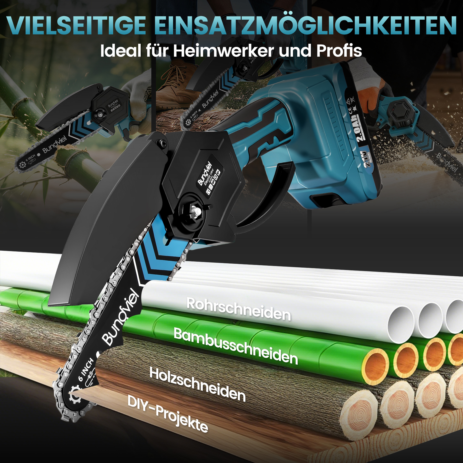 Blaue Mini-Kettensäge schneidet Rohre, Bambus und Holz; ideal für Heimwerker.