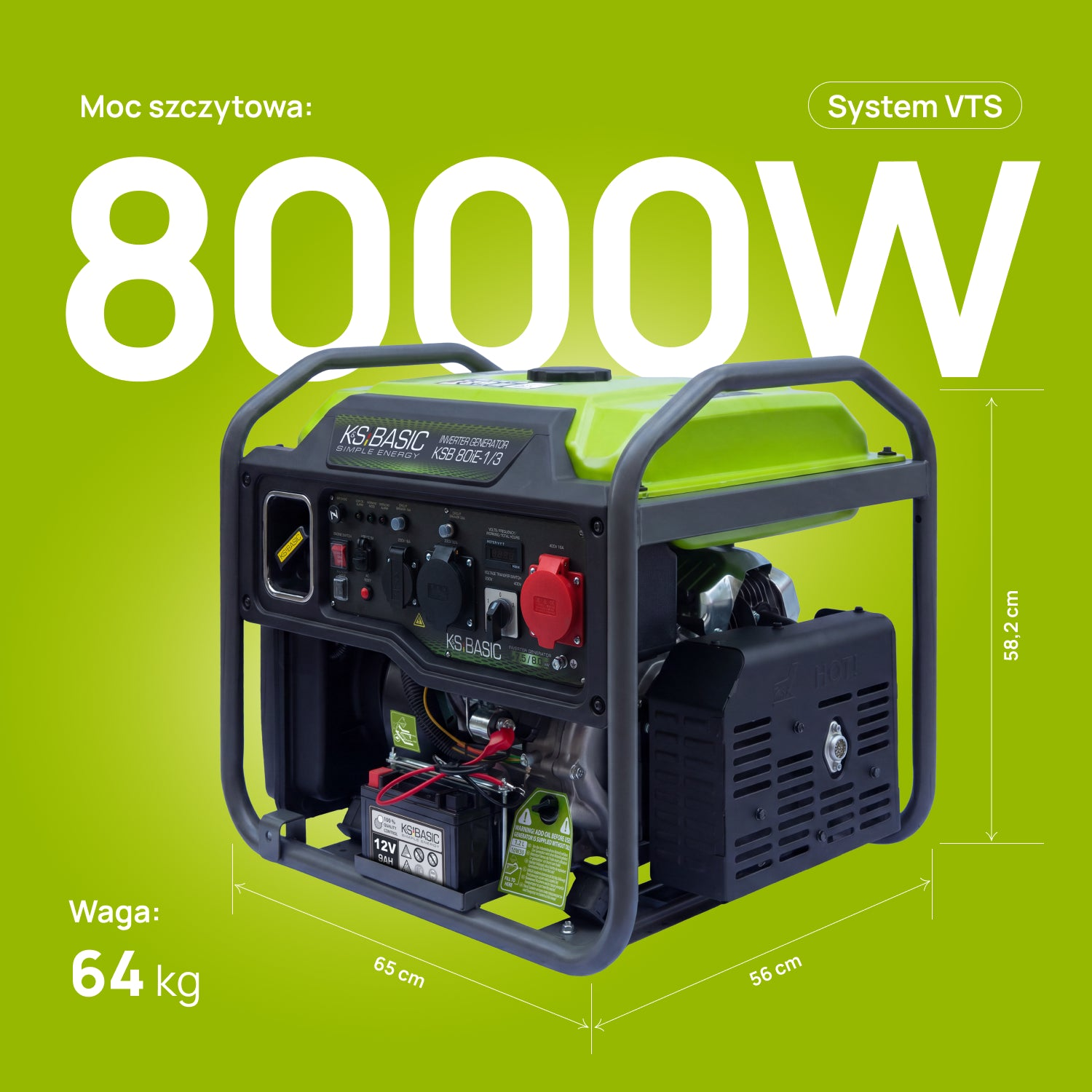 Generador inversor verde y negro de 8000W sobre fondo verde con dimensiones.