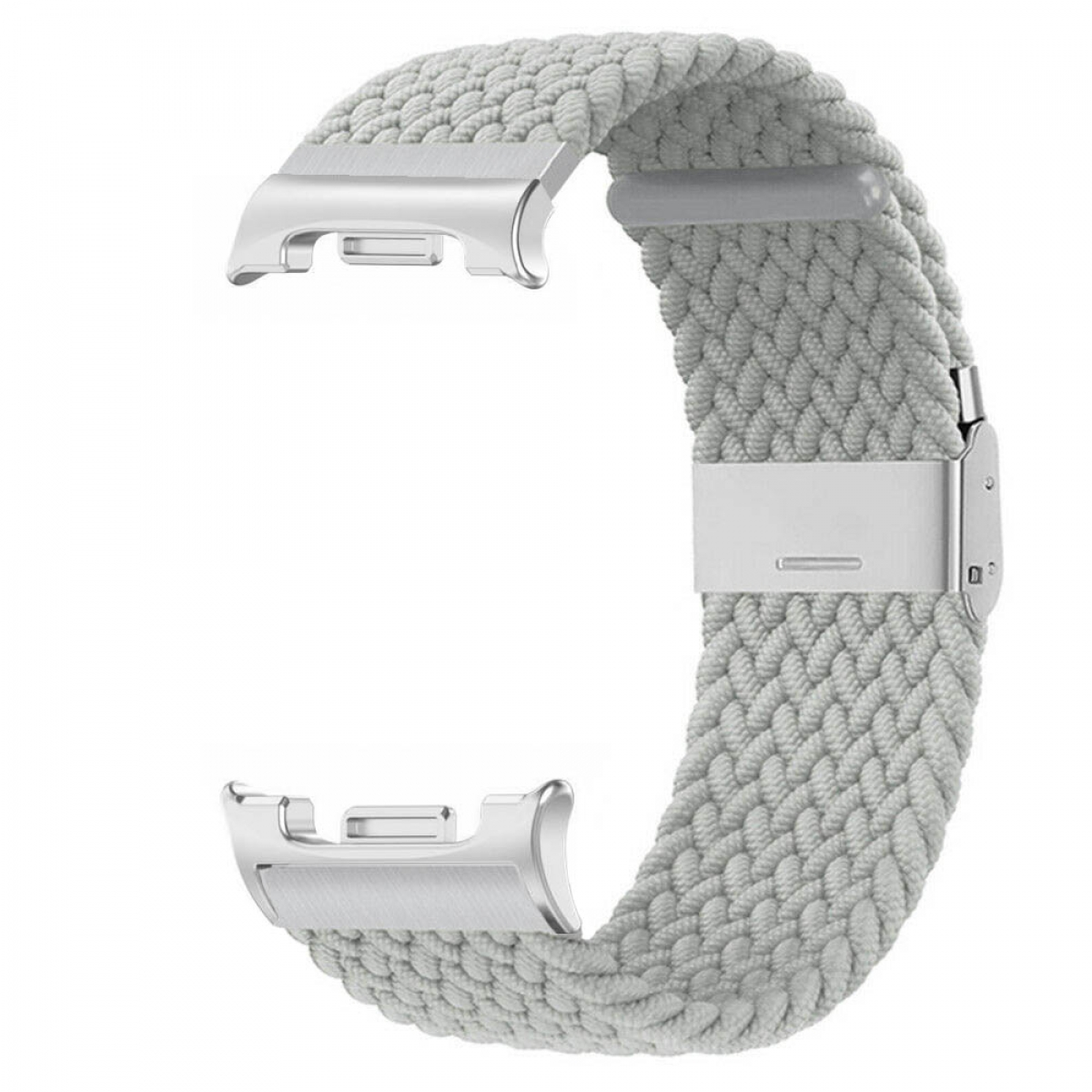 Graues geflochtenes Smartwatch-Armband mit silbernen Metallverschlüssen auf weißem Hintergrund.
