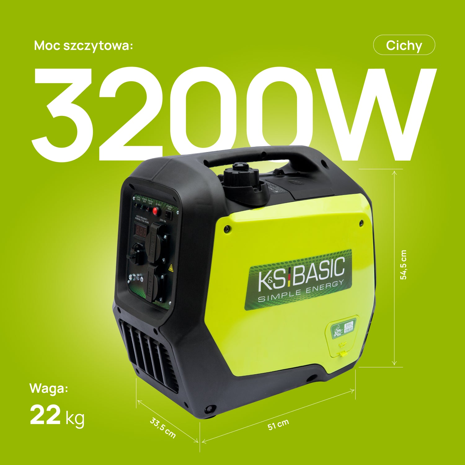 Generador inversor K&S Basic amarillo y negro 3200W con dimensiones sobre fondo verde.