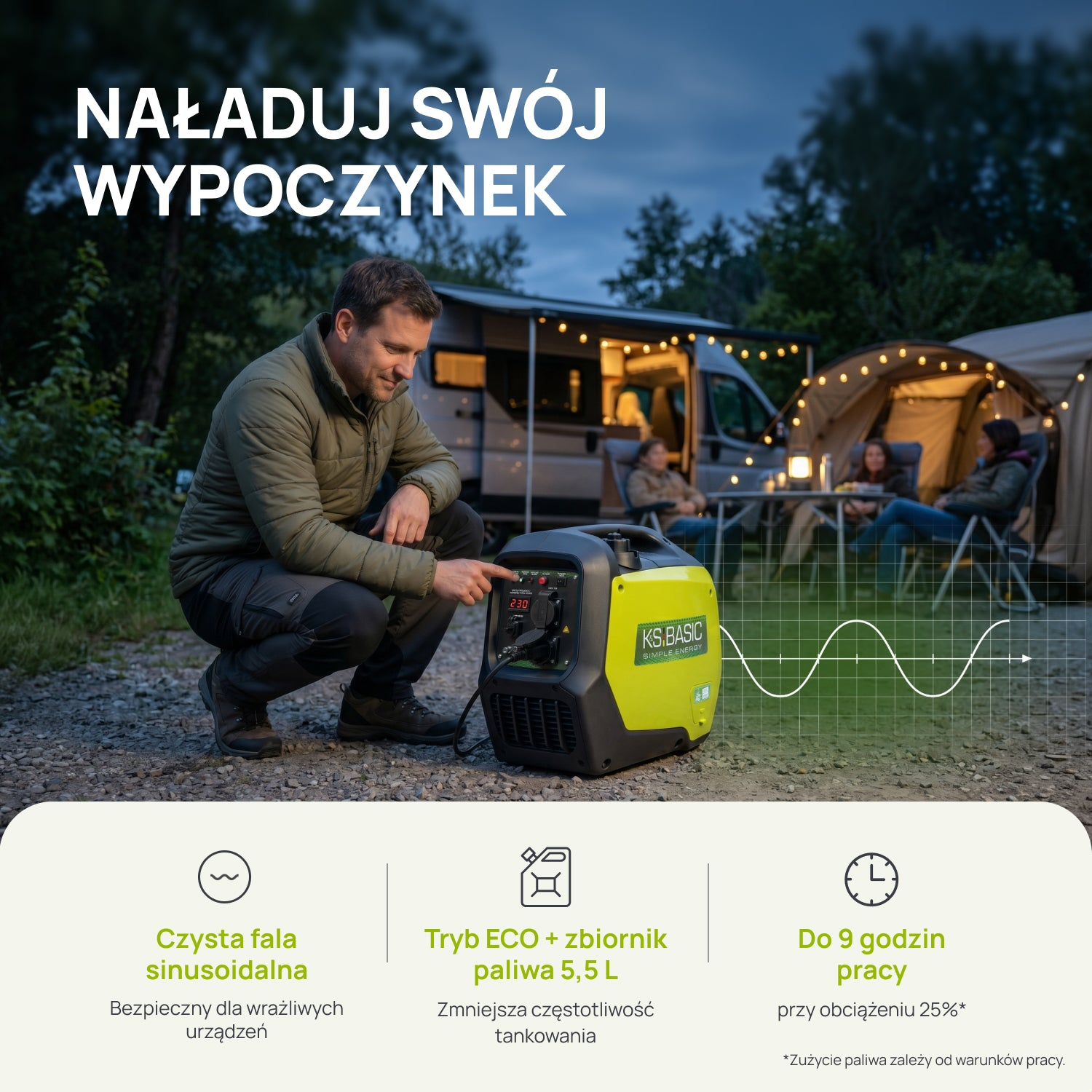 Un hombre instala un generador inverter verde en un camping con autocaravana y tienda de campaña.