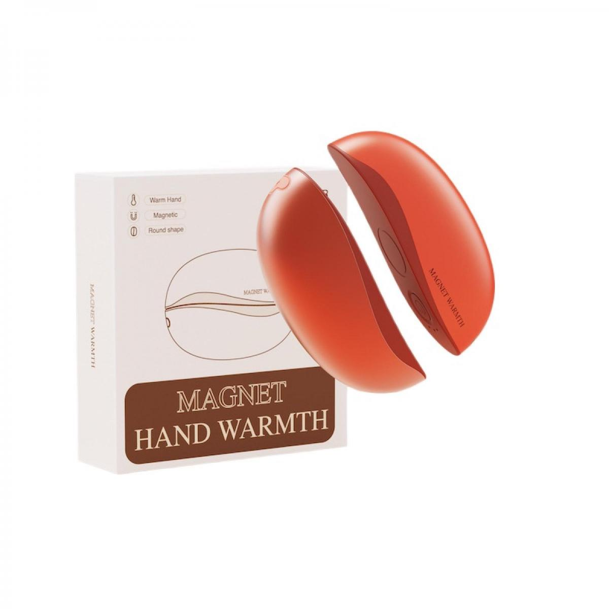 Zwei orange, magnetische Handwärmer schweben vor ihrer weißen Verpackung mit der Aufschrift MAGNET HAND WARMTH.