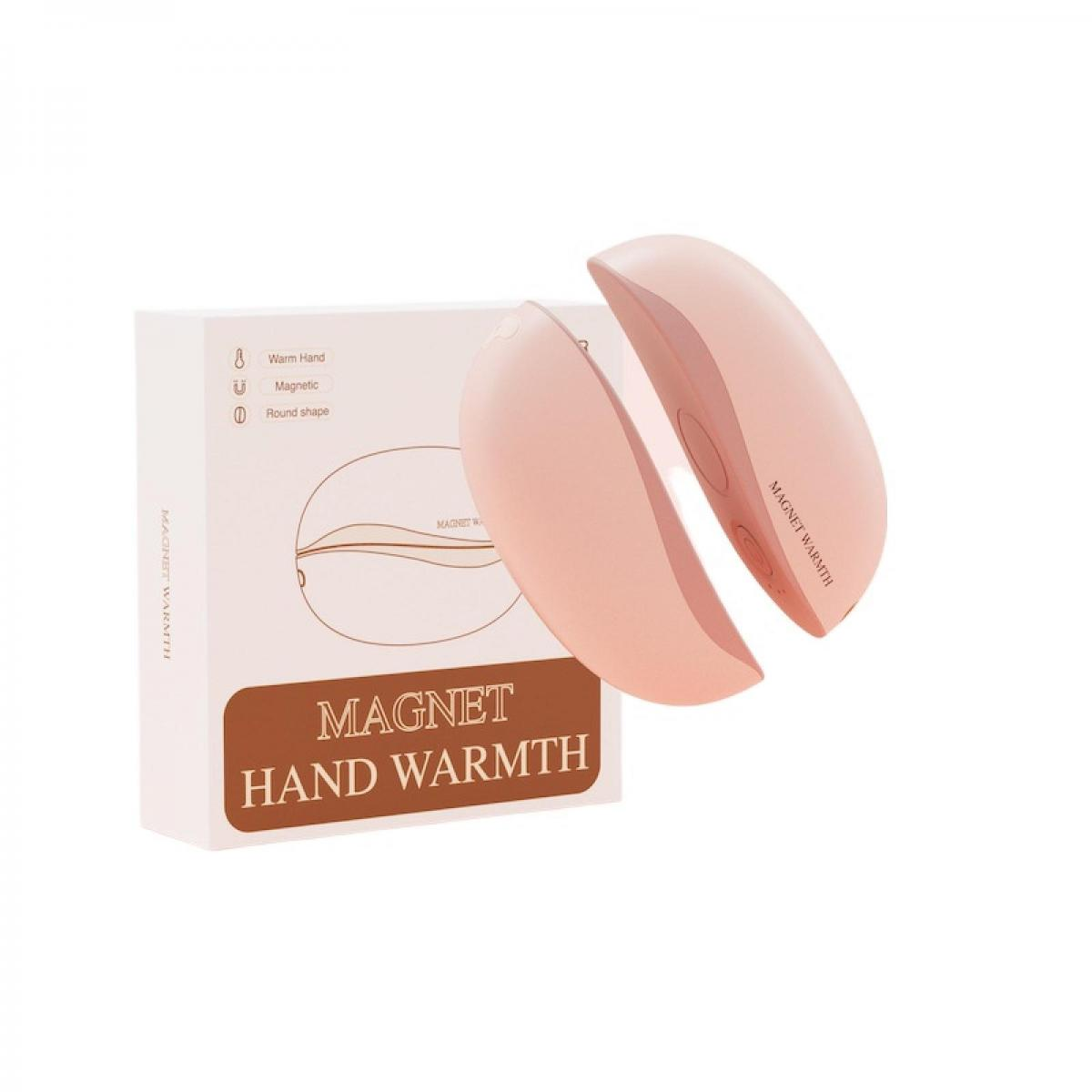 Zwei rosa, magnetische Handwärmer schweben vor ihrer bedruckten Verpackung.