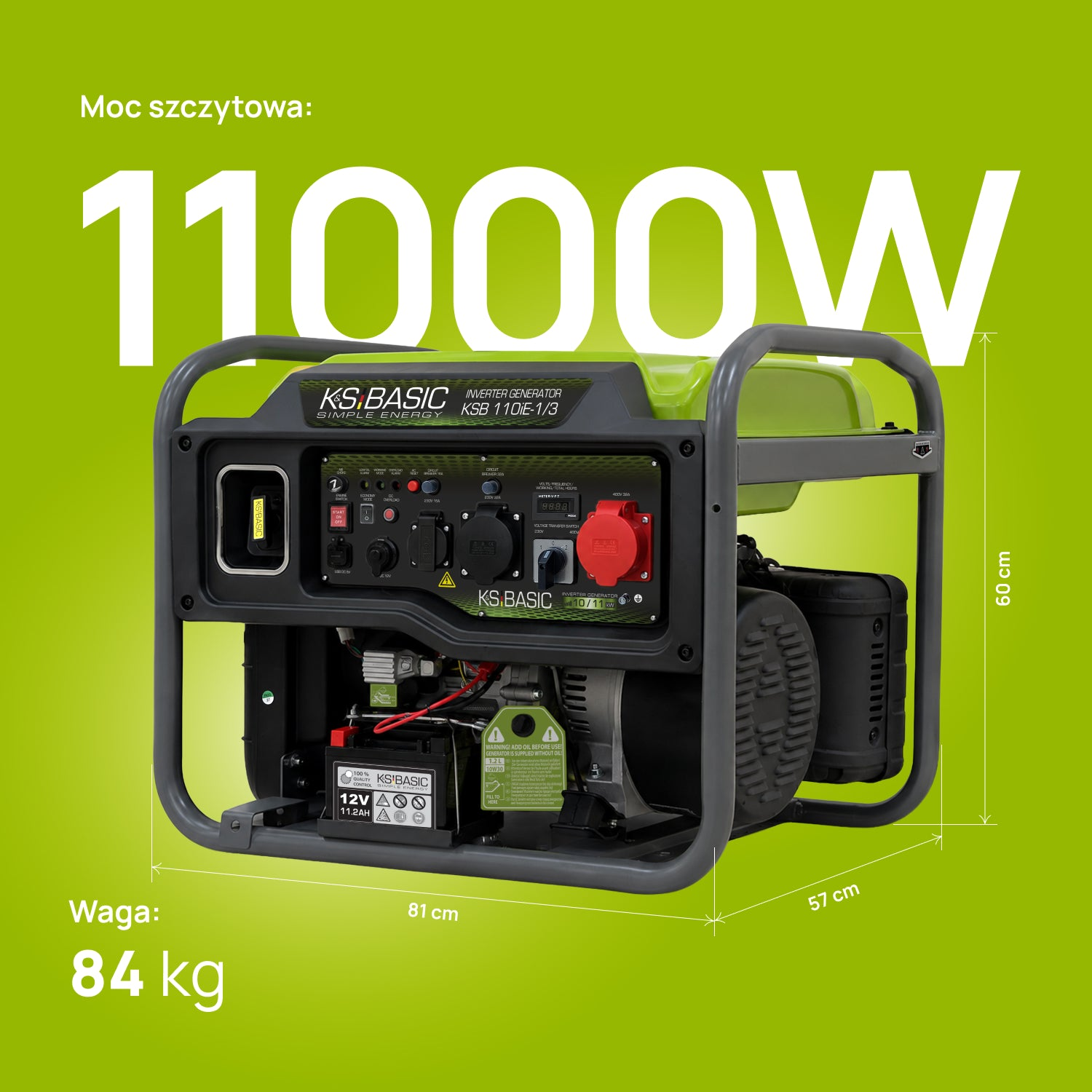 Un generador KS BASIC verde y negro con 11000W, 84 kg y dimensiones 81x57x60 cm sobre un fondo verde.