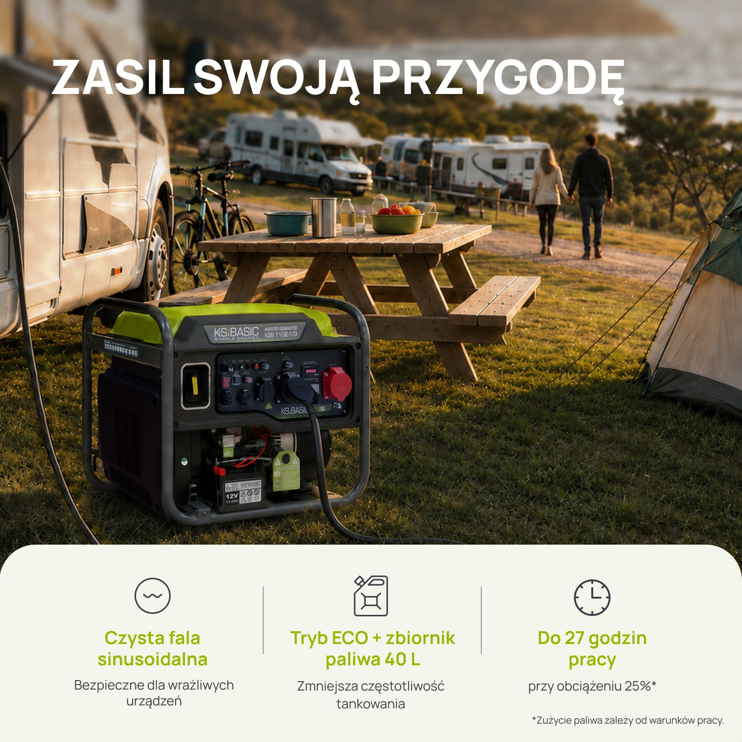 Un generador eléctrico verde frente a una autocaravana en un camping con mesa de pícnic y tienda.