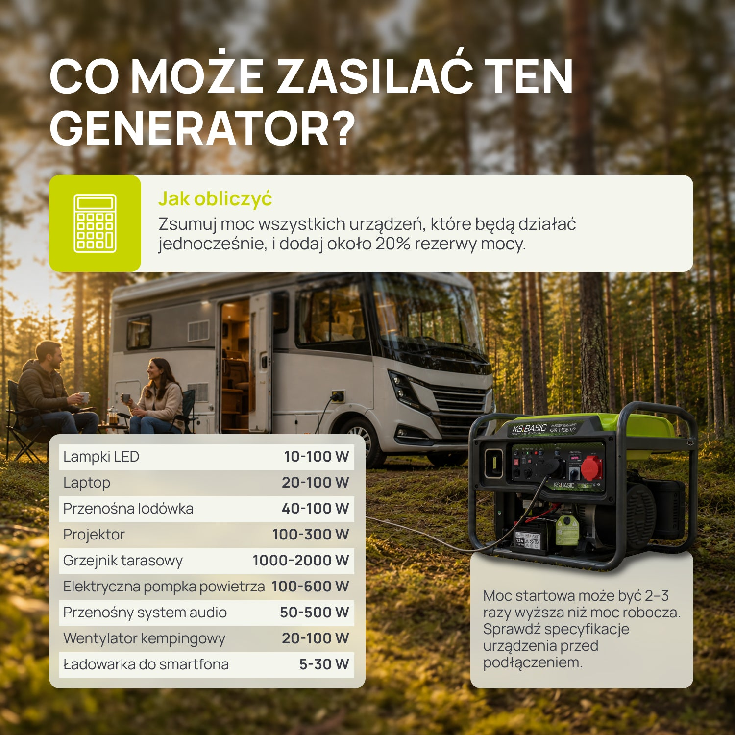 Un generador en un bosque con una tabla de potencias para electrodomésticos y una caravana al fondo.