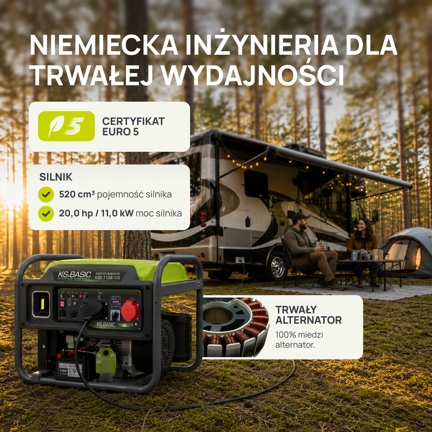 Generador inversor verde en un bosque con una autocaravana y campistas al fondo.