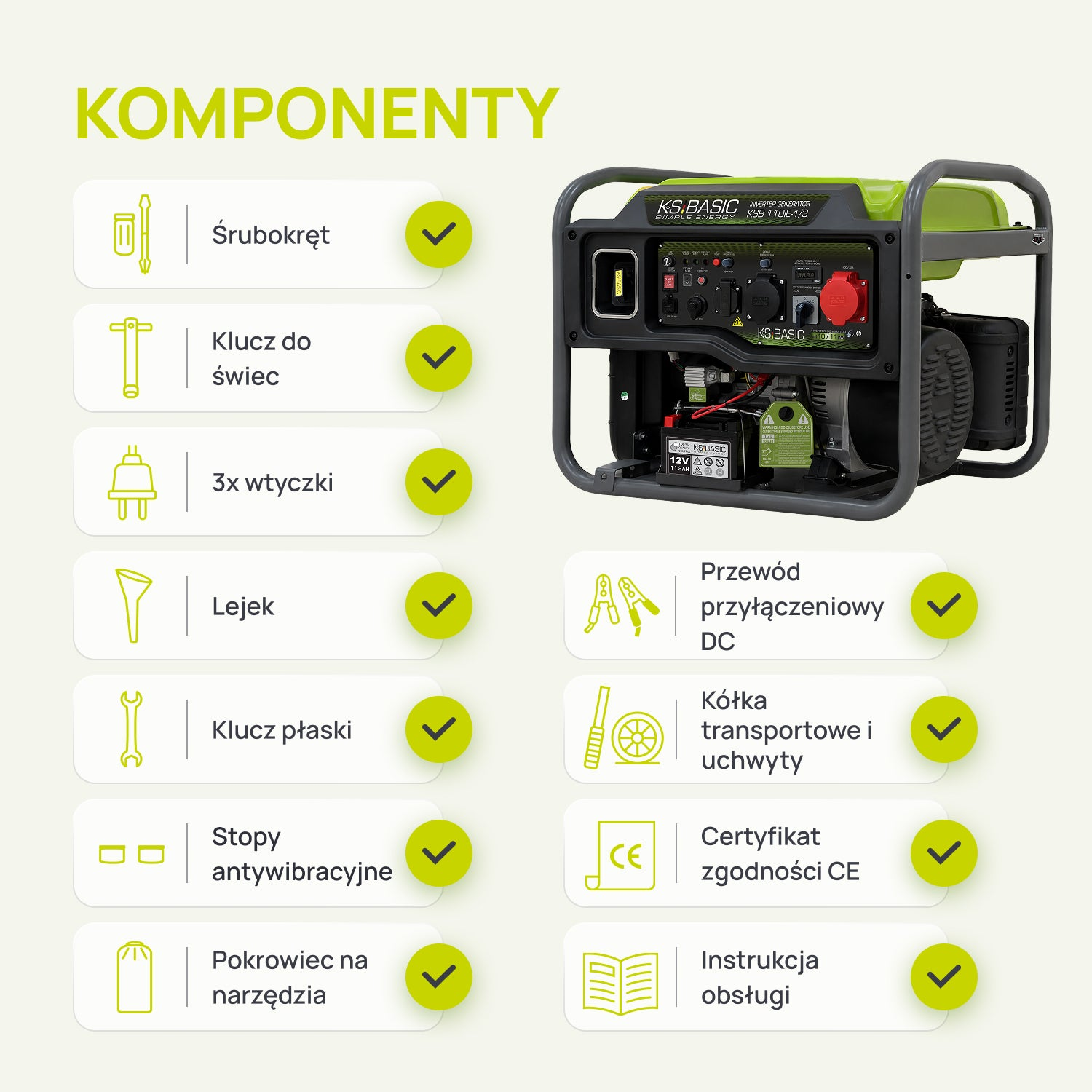 Un generador eléctrico verde con una lista de componentes y herramientas incluidos mostrados en iconos.
