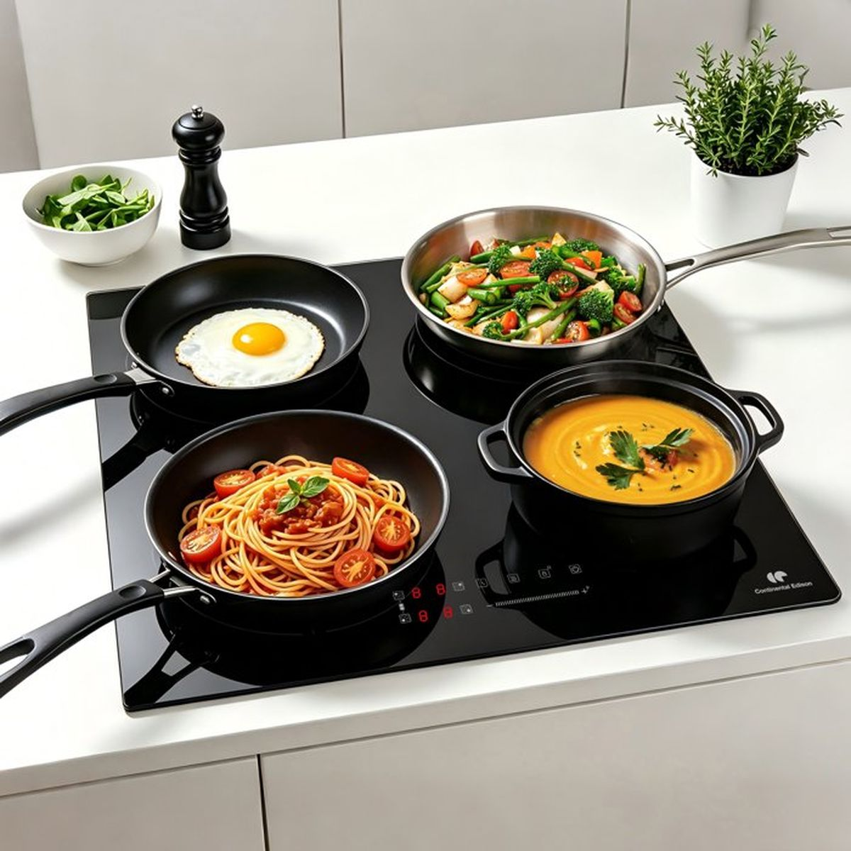 Ein schwarzes Kochfeld zeigt Pfannen und Töpfe mit Spaghetti, Spiegelei, Suppe und Gemüse.
