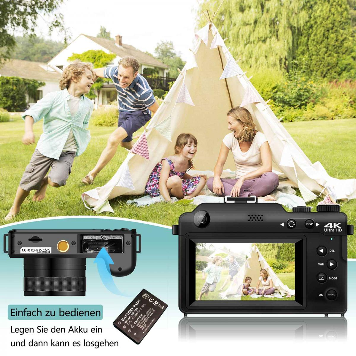 Eine schwarze 4K-Kamera mit offenem Batteriefach zeigt eine Familie draußen im Garten.