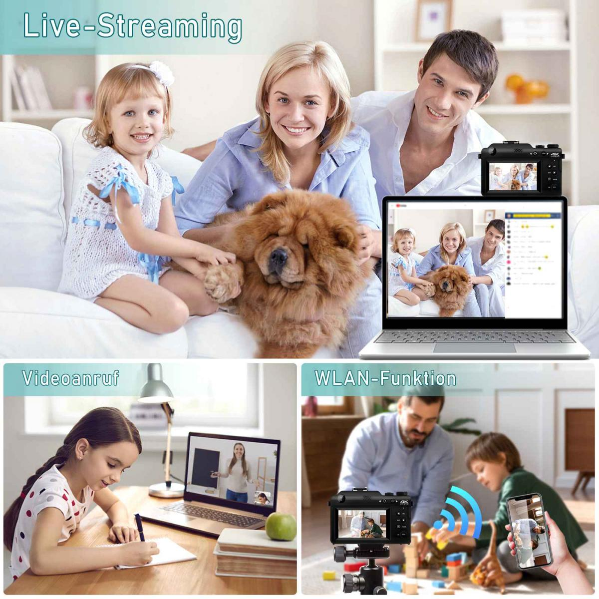 Eine Familie mit Hund nutzt einen Laptop zum Livestreaming, ein Mädchen videotelefoniert und eine Kamera verbindet sich per WLAN.