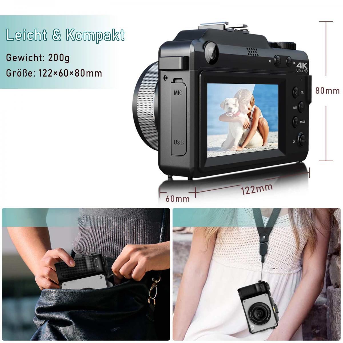 Kompakte schwarze Digitalkamera mit Maßangaben, Gewicht und Beispielfotos zur Tragbarkeit.