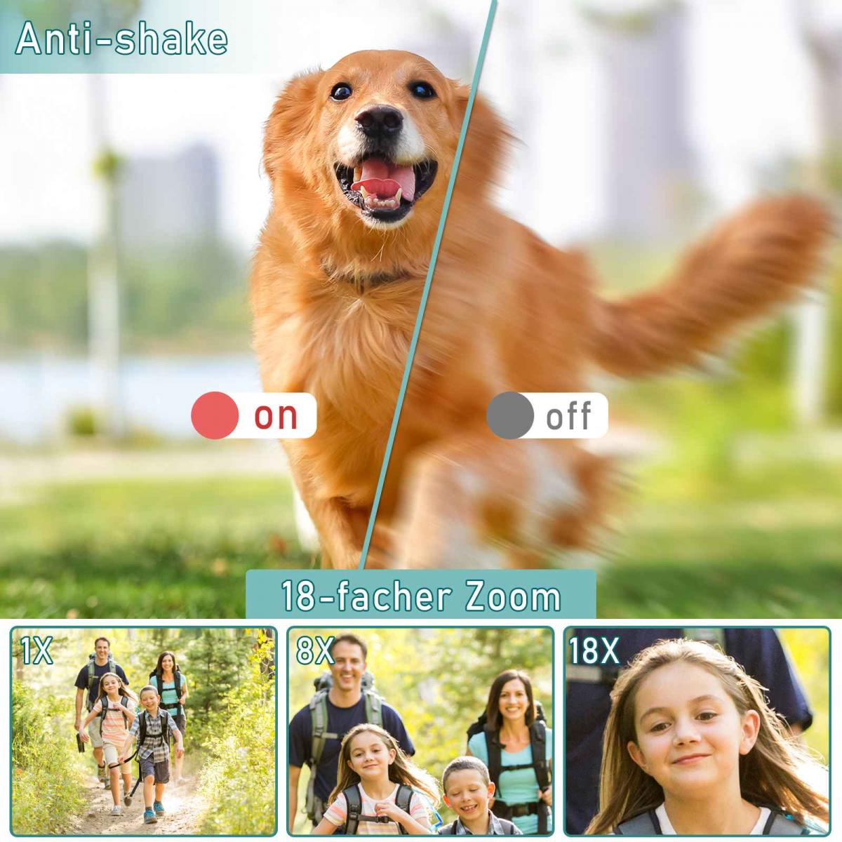 Vergleichsbild zeigt Anti-Shake-Funktion mit einem goldenen Retriever und Zoomstufen von einer wandernden Familie.