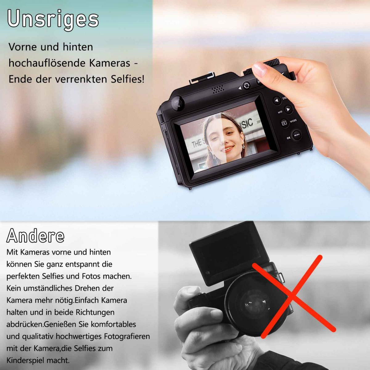 Vergleich zweier Kameras: eine mit Front- und Rückkamera für gute Selfies, die andere mit rotem Kreuz durchgestrichen.