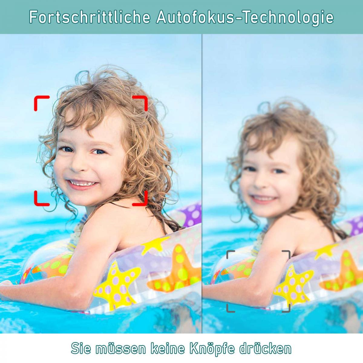 Vergleich zweier Bilder eines Kindes im Pool, links scharf mit Autofokus, rechts unscharf.