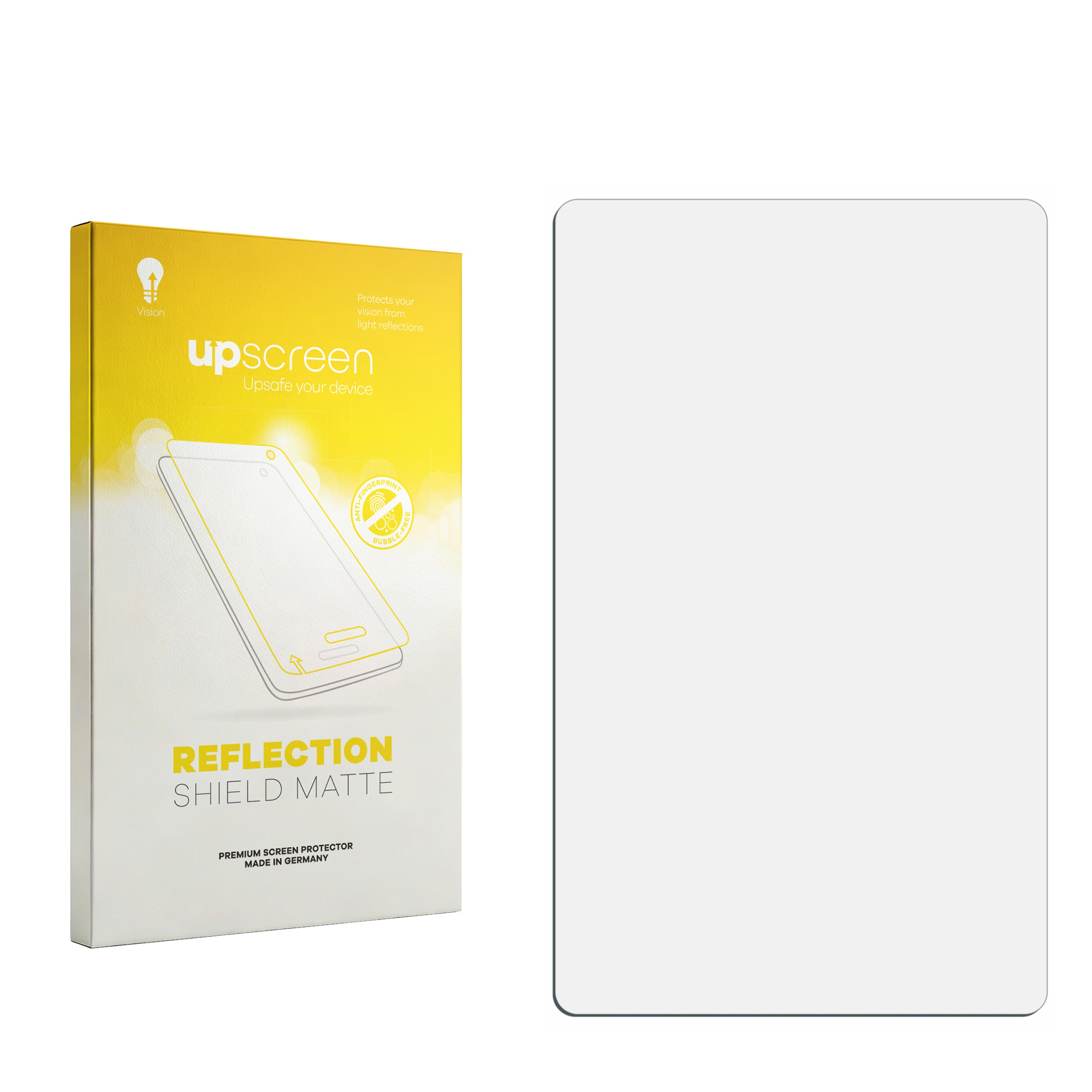 Upscreen Reflection Shield Matte Displayfolie mit gelber Produktverpackung.