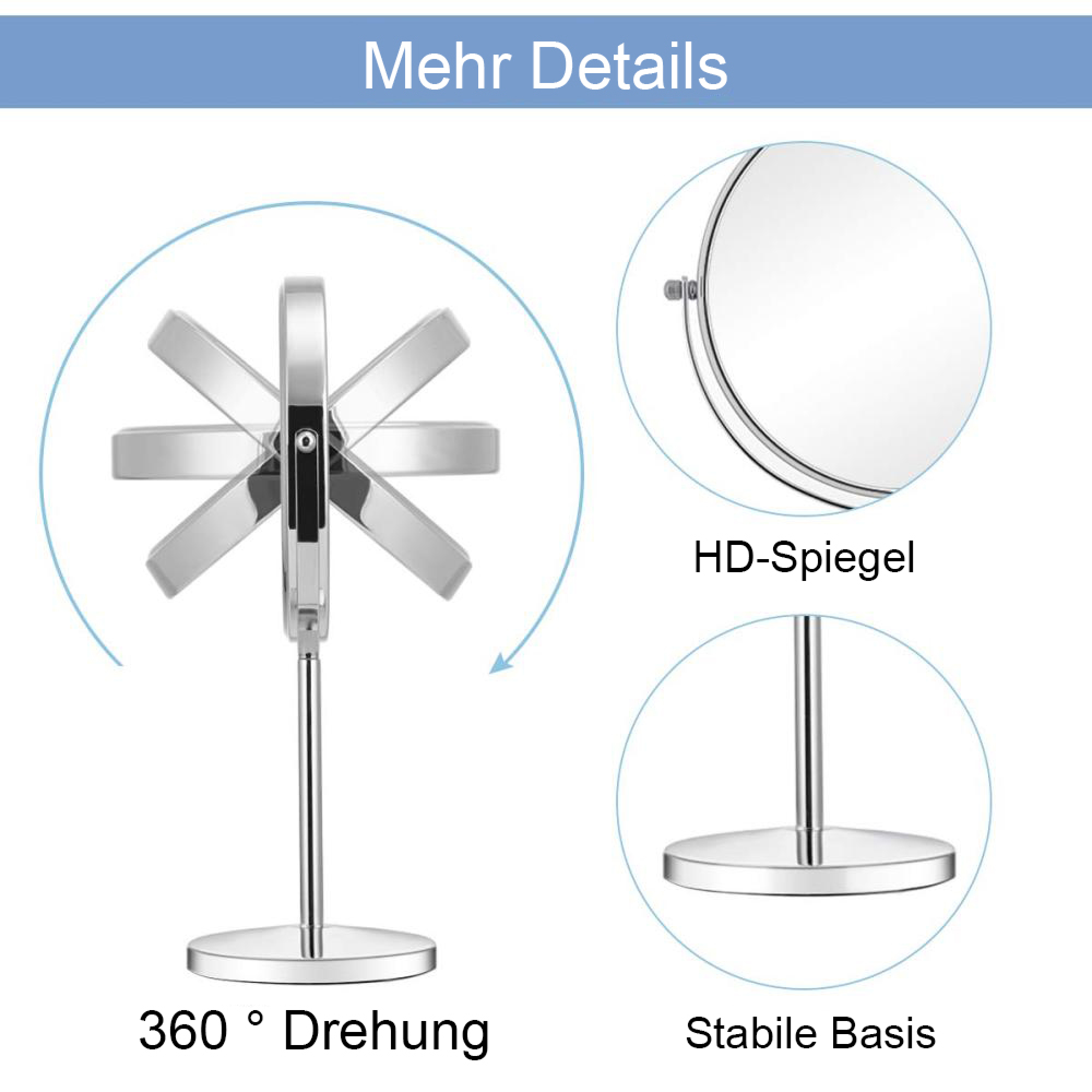 Ein silberner Kosmetikspiegel mit 360-Grad-Drehung und stabiler Basis.