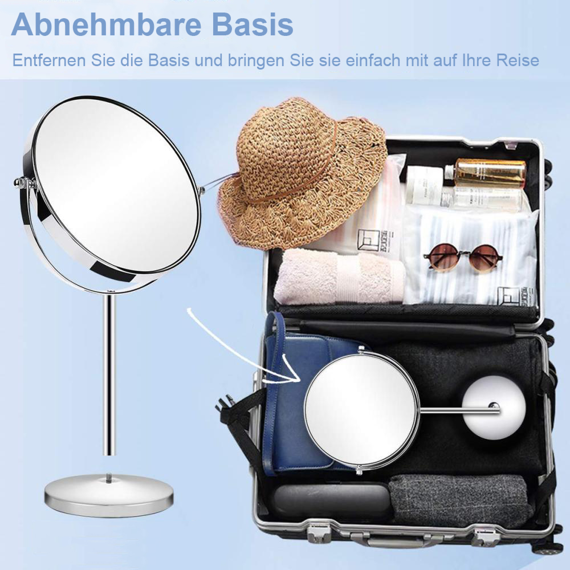 Ein runder Standspiegel, dessen Basis abnehmbar ist, um ihn leicht im offenen Reisekoffer zu verstauen.