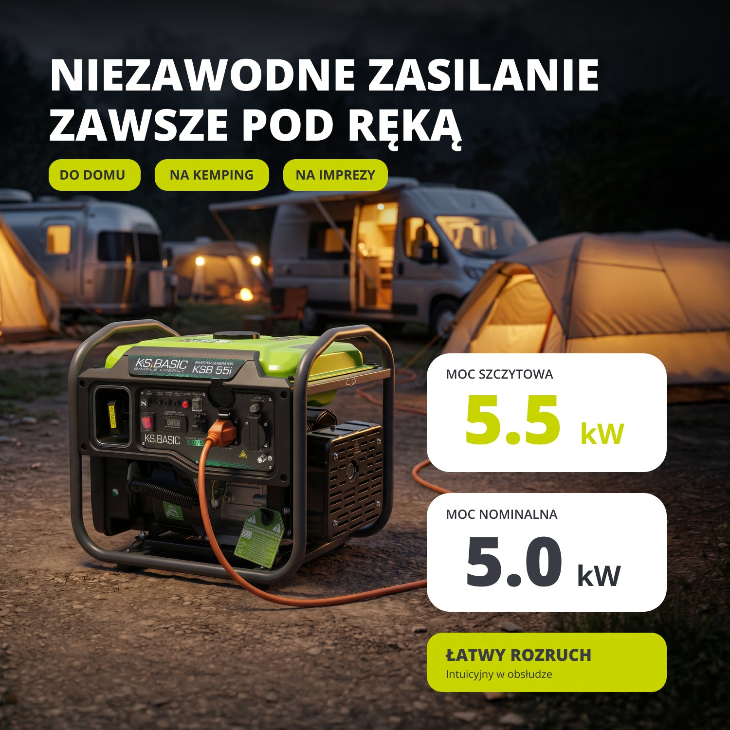 Generador inversor verde frente a un camping con tiendas y una autocaravana por la noche.