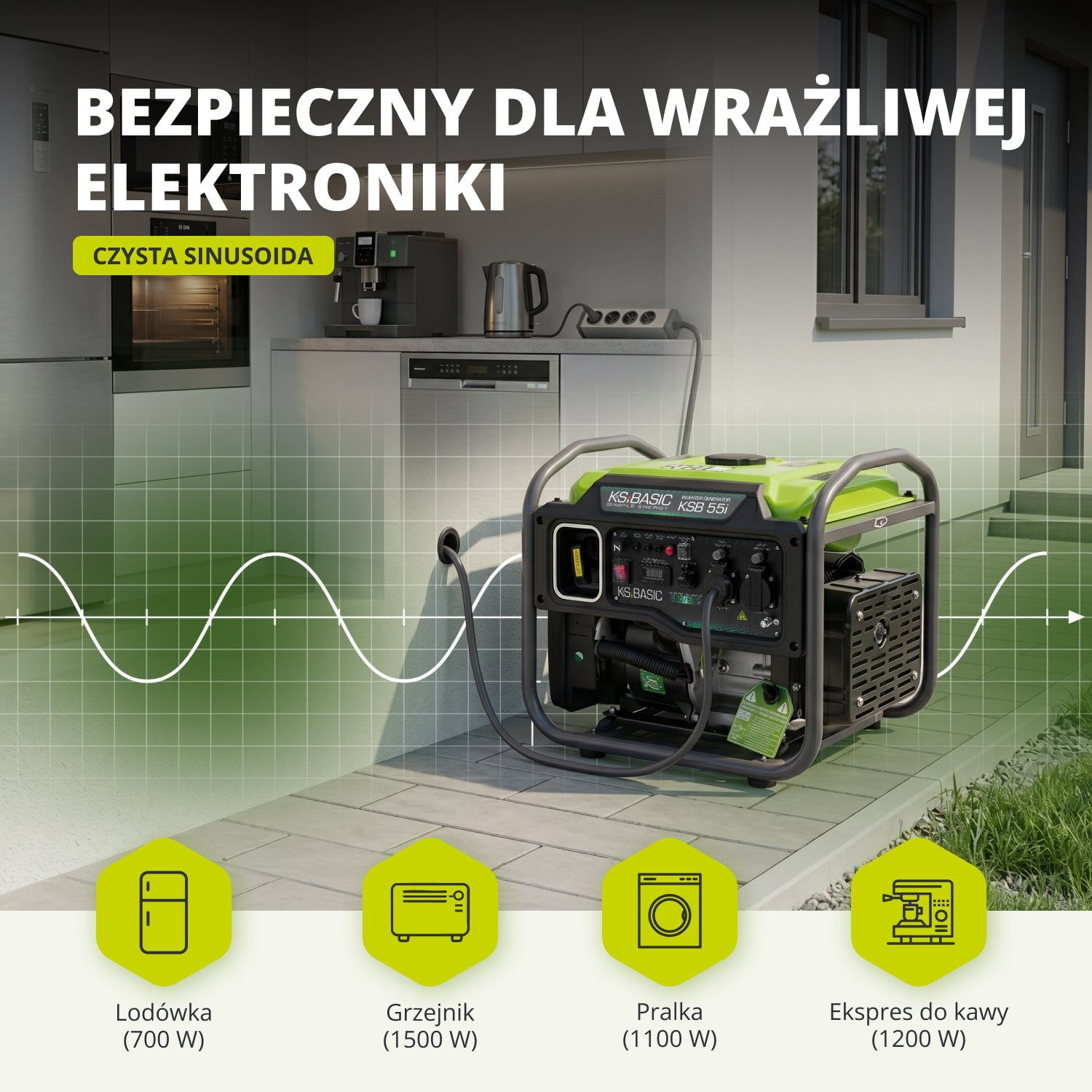 Generador inversor verde en terraza frente a casa moderna con gráfica de onda senoidal.