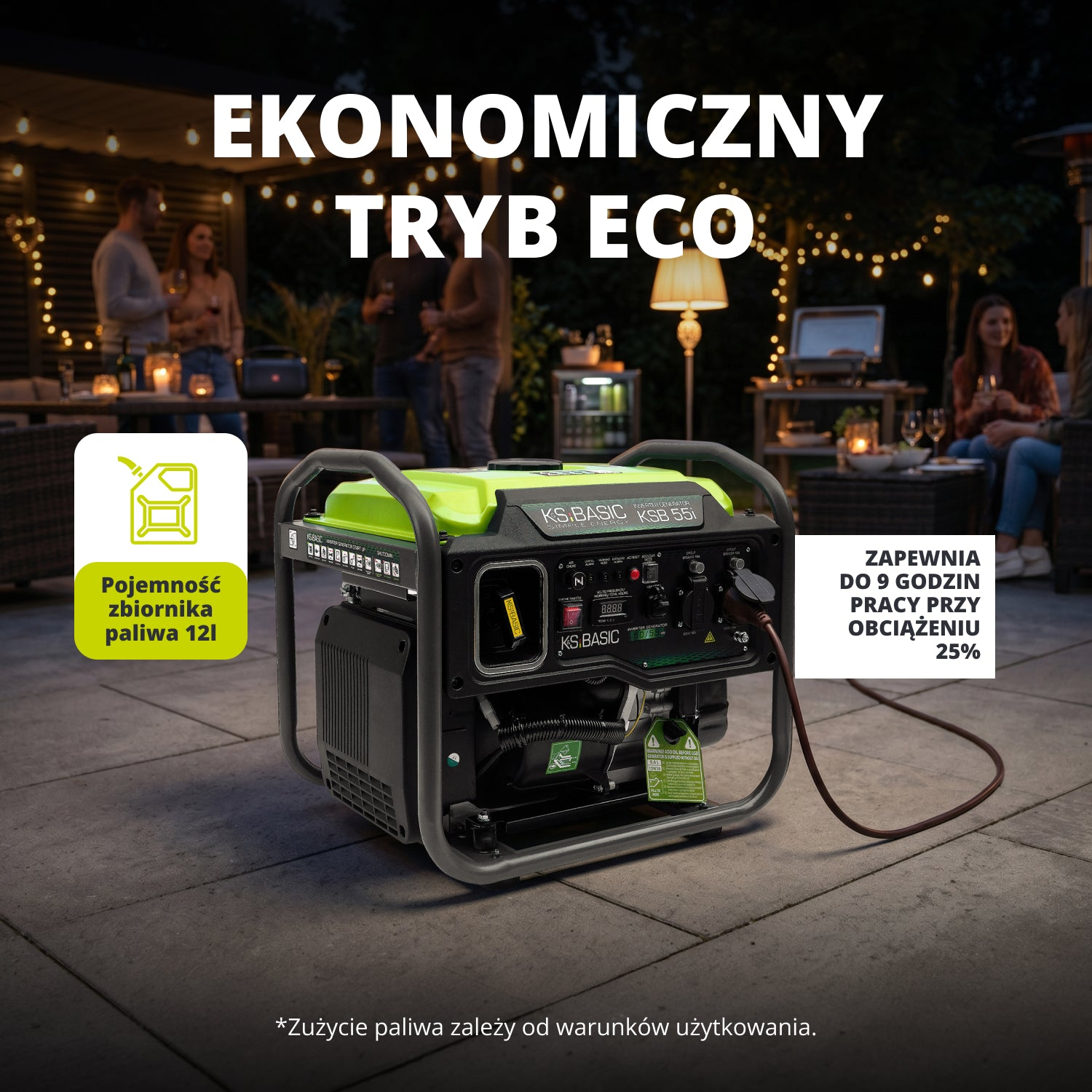 Generador eléctrico portátil negro y verde en un patio con personas socializando al fondo borroso por la noche.