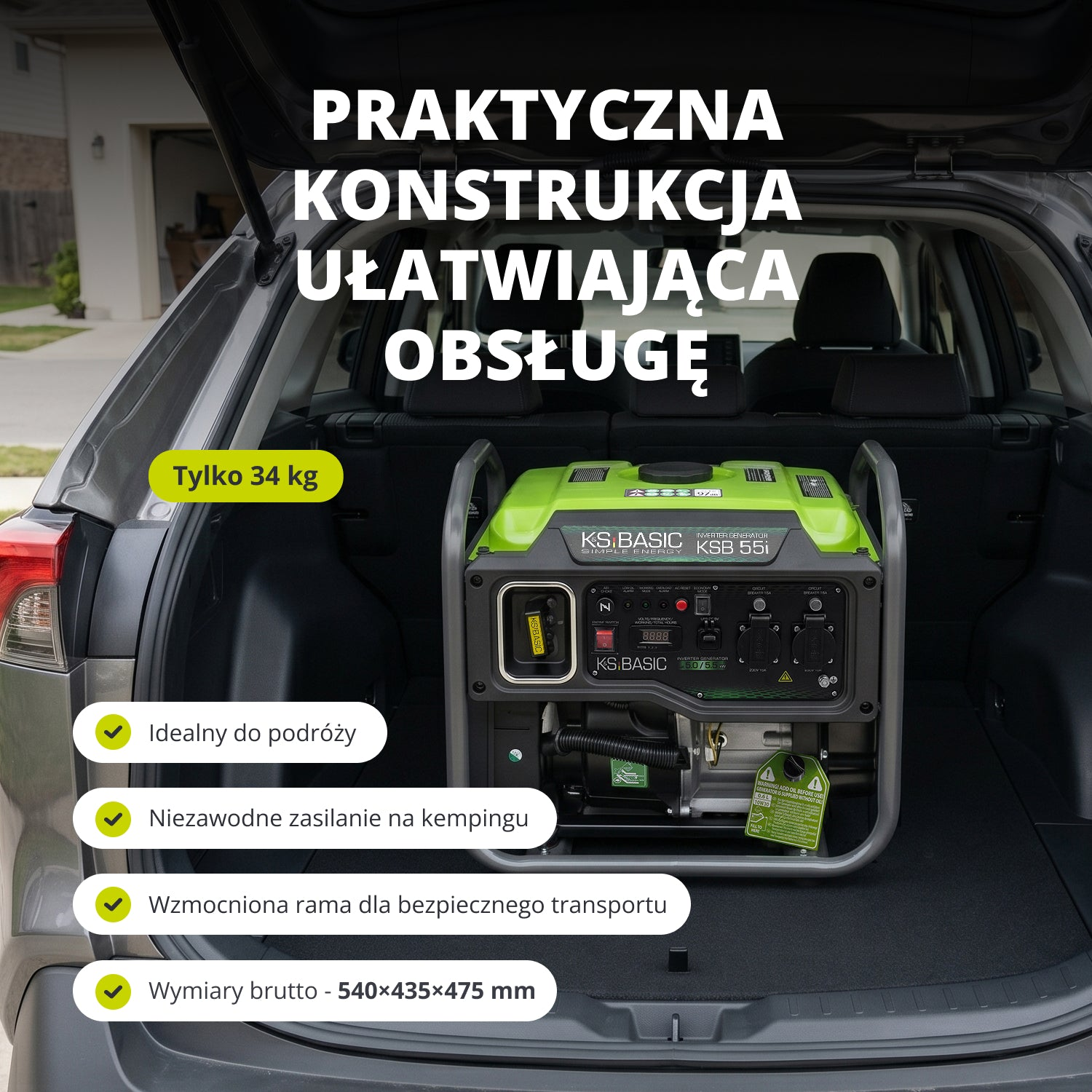 Un generador eléctrico verde KS BASIC KSB 55i en el maletero de un coche, con textos publicitarios.
