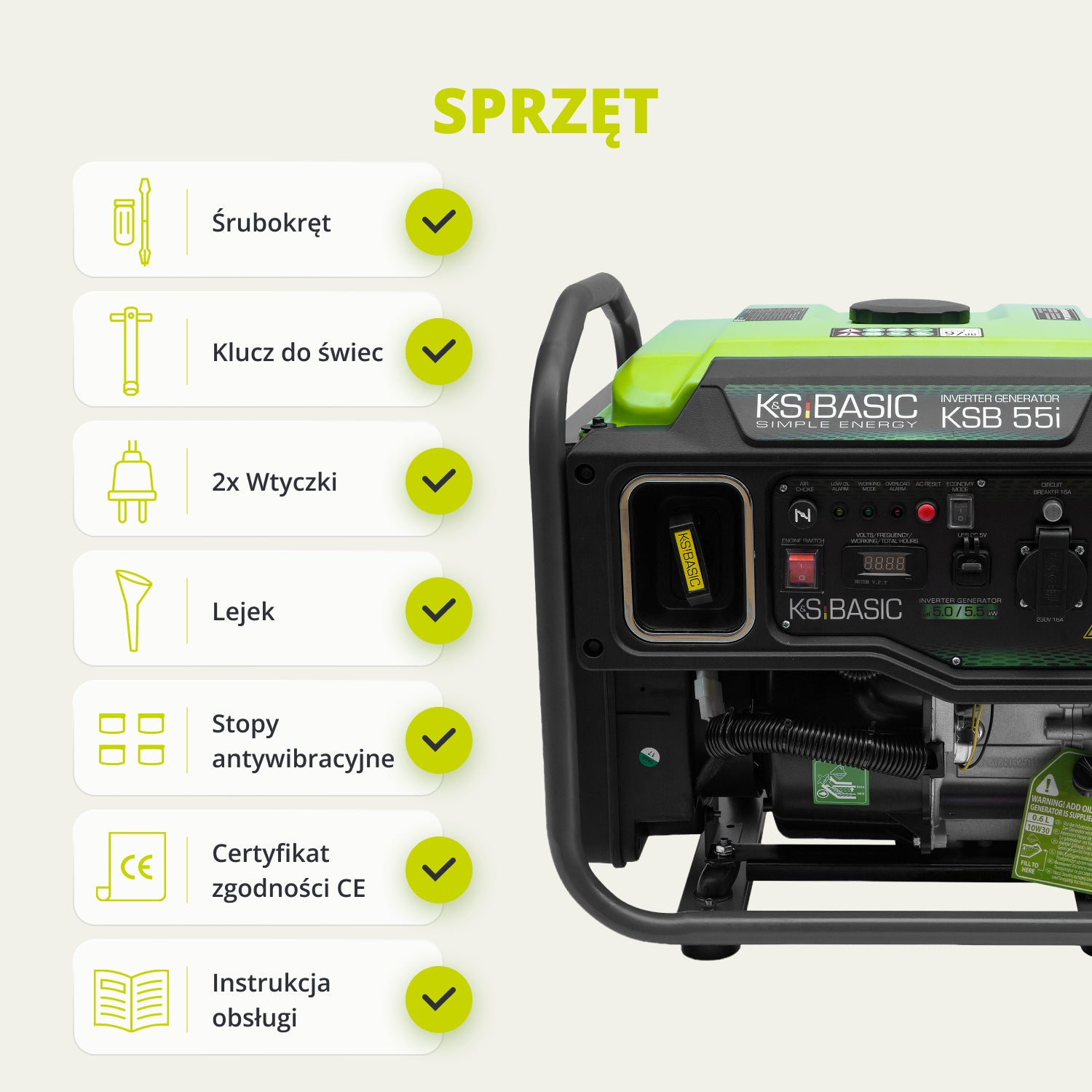 Generador inversor verde a la derecha con una lista de accesorios e iconos a la izquierda.