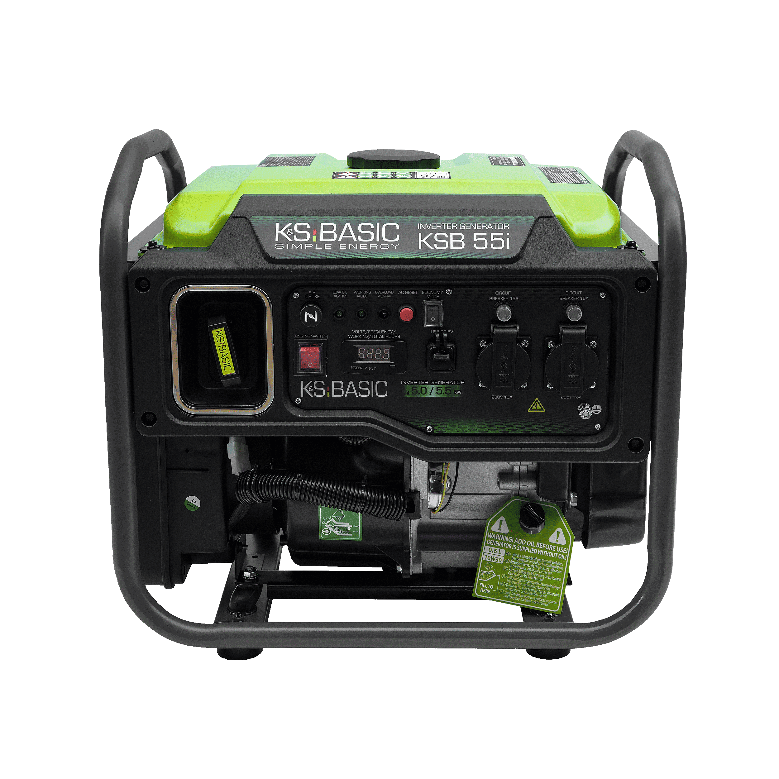 Generador inversor K&S Basic KSB 55i verde y negro con panel de control y enchufes.