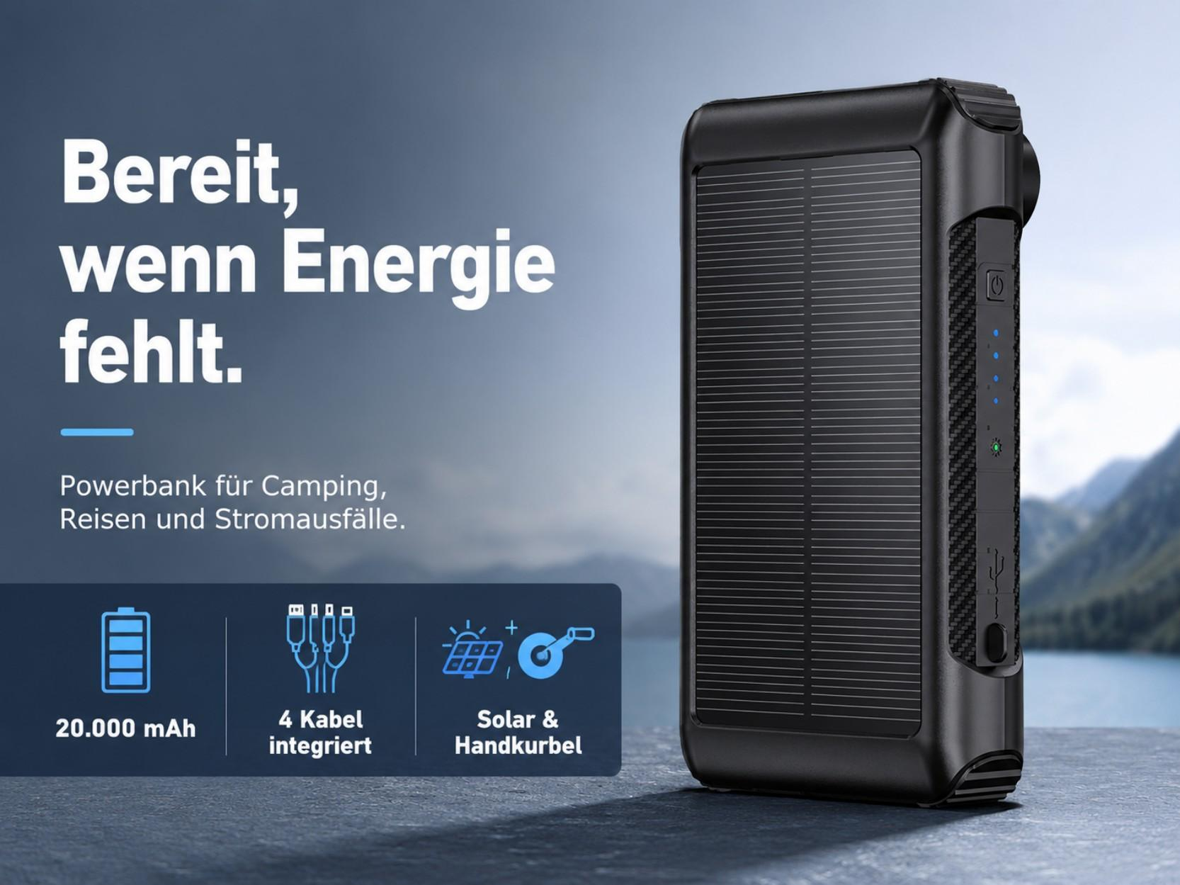 Schwarze Solarpowerbank mit integrierten Kabeln und Handkurbel vor unscharfem Naturhintergrund.